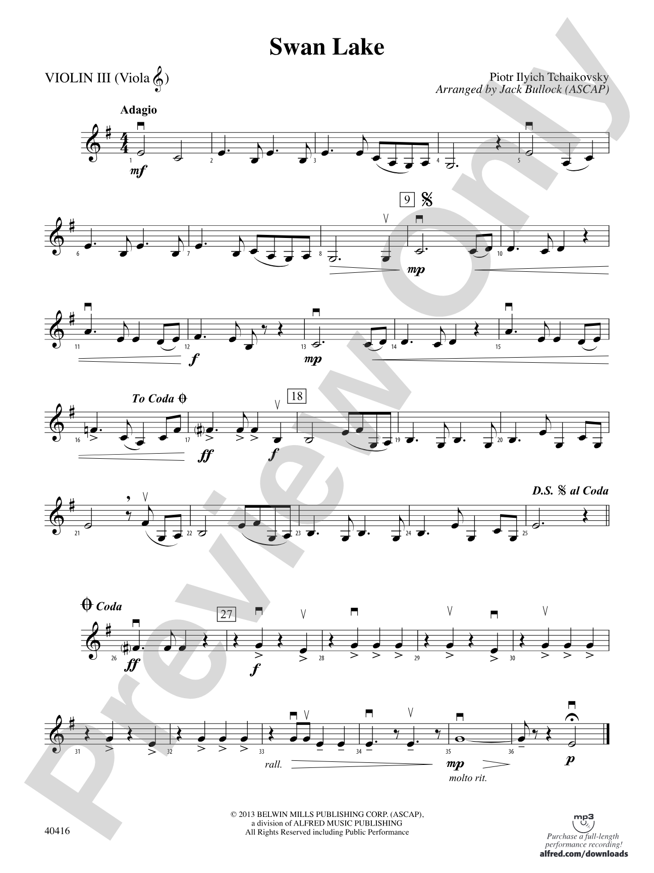 Swan Lake: 3rd Violin (Viola [TC])