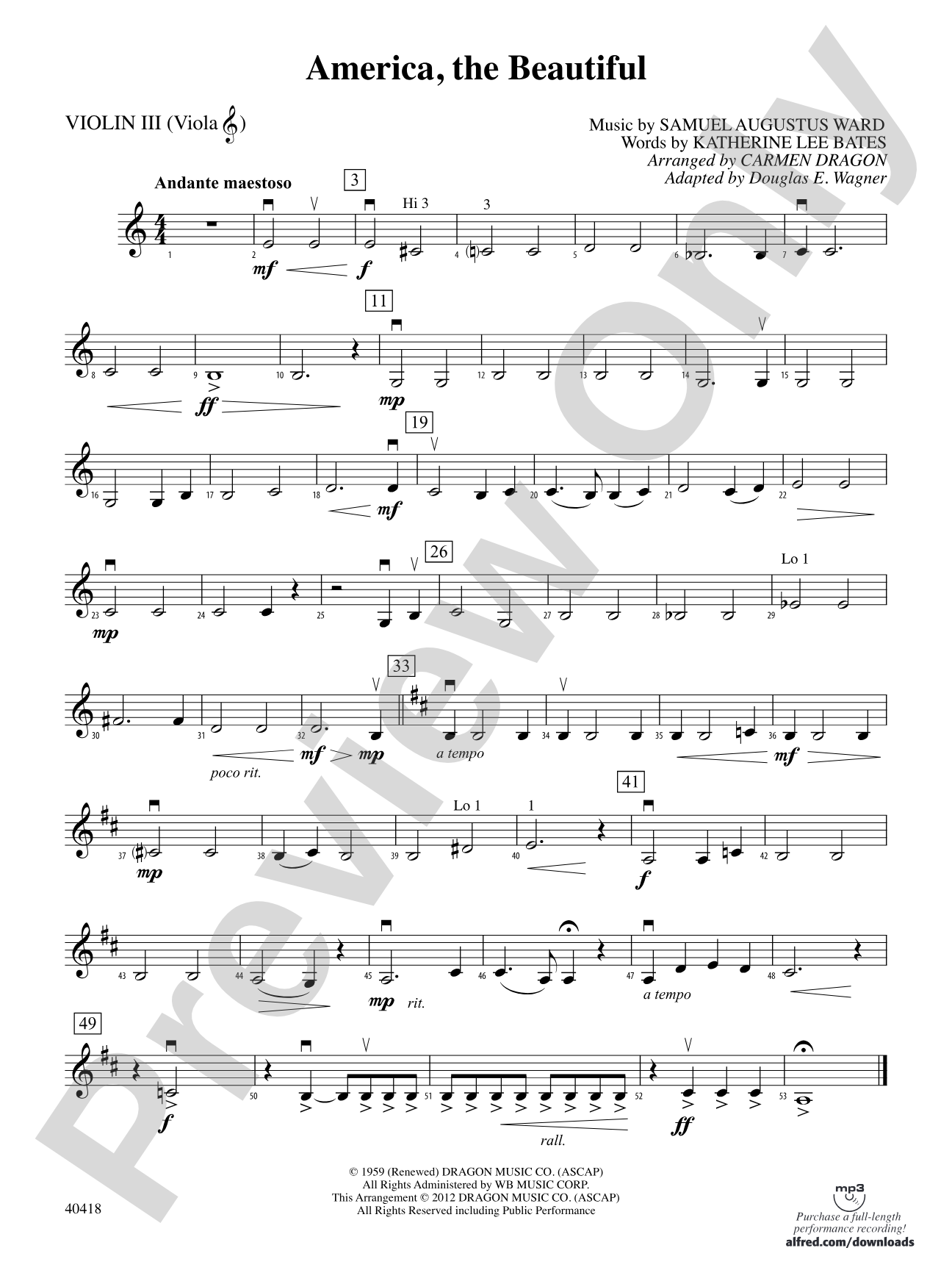 America, the Beautiful: 3rd Violin (Viola [TC])