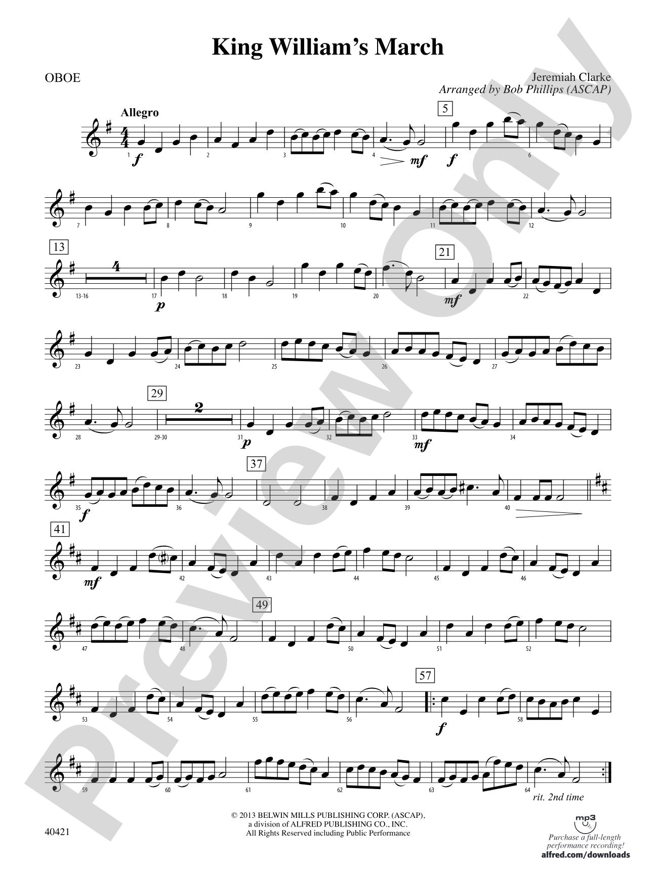 King William's March: Oboe