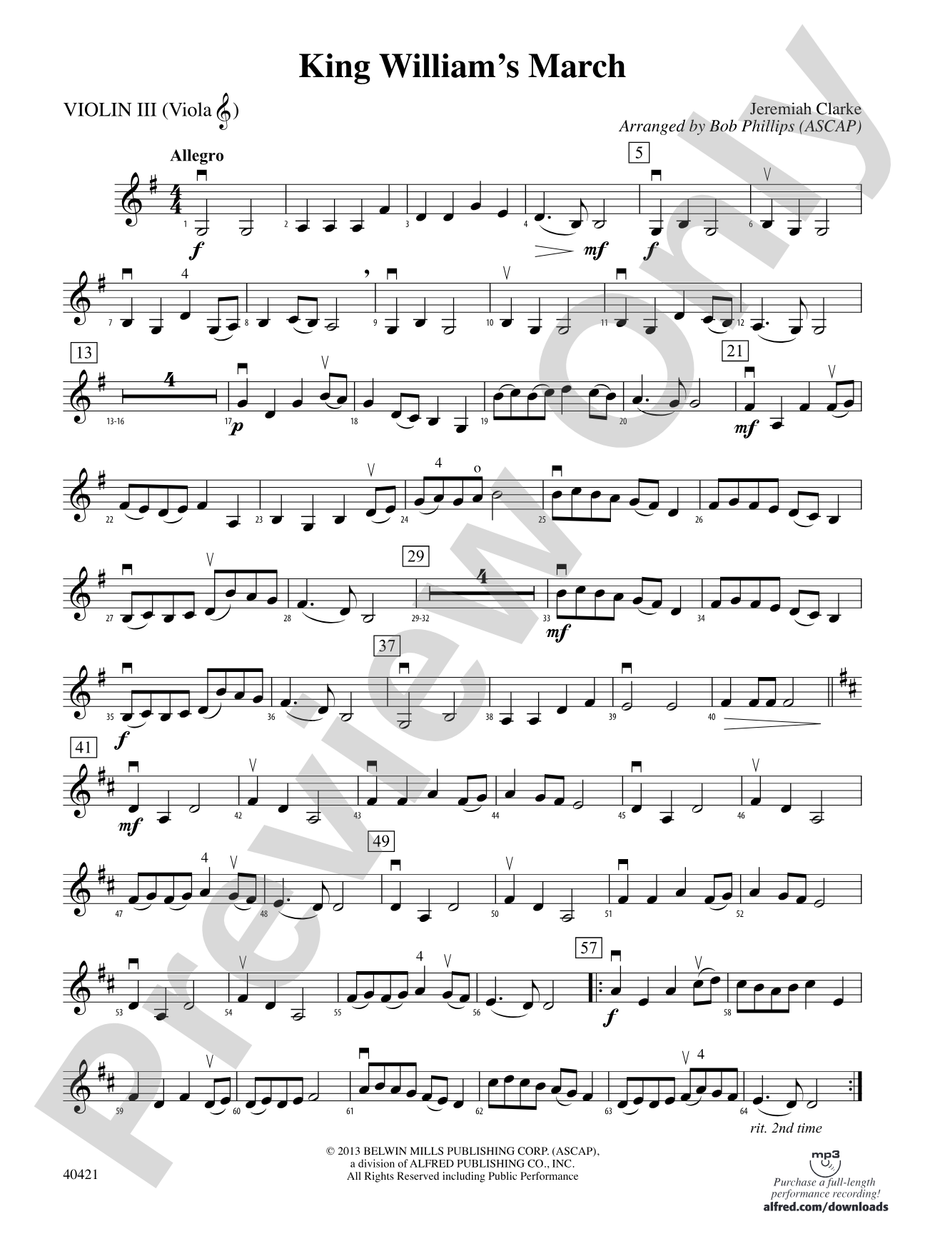 King William's March: 3rd Violin (Viola [TC])