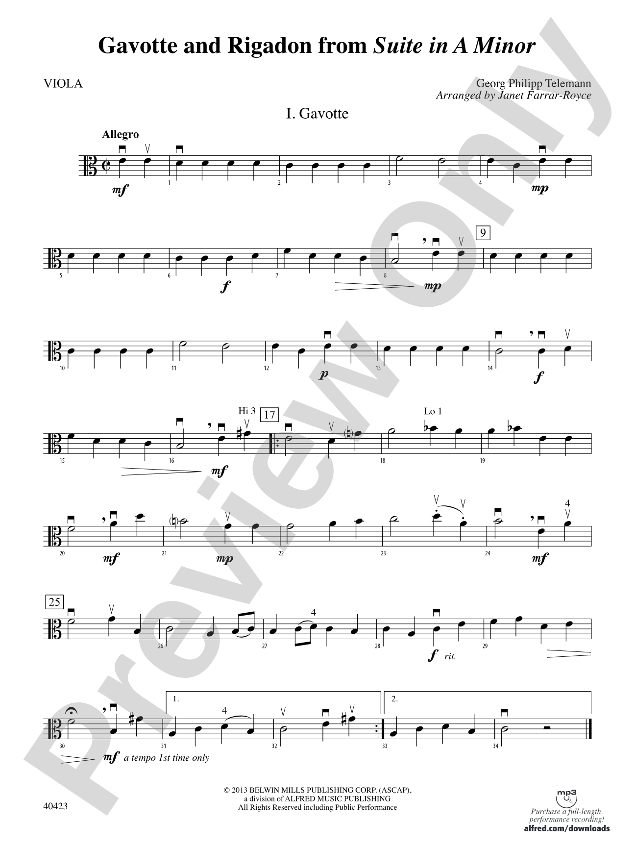 "Gavotte" and "Rigadon" from Suite in A Minor: Viola