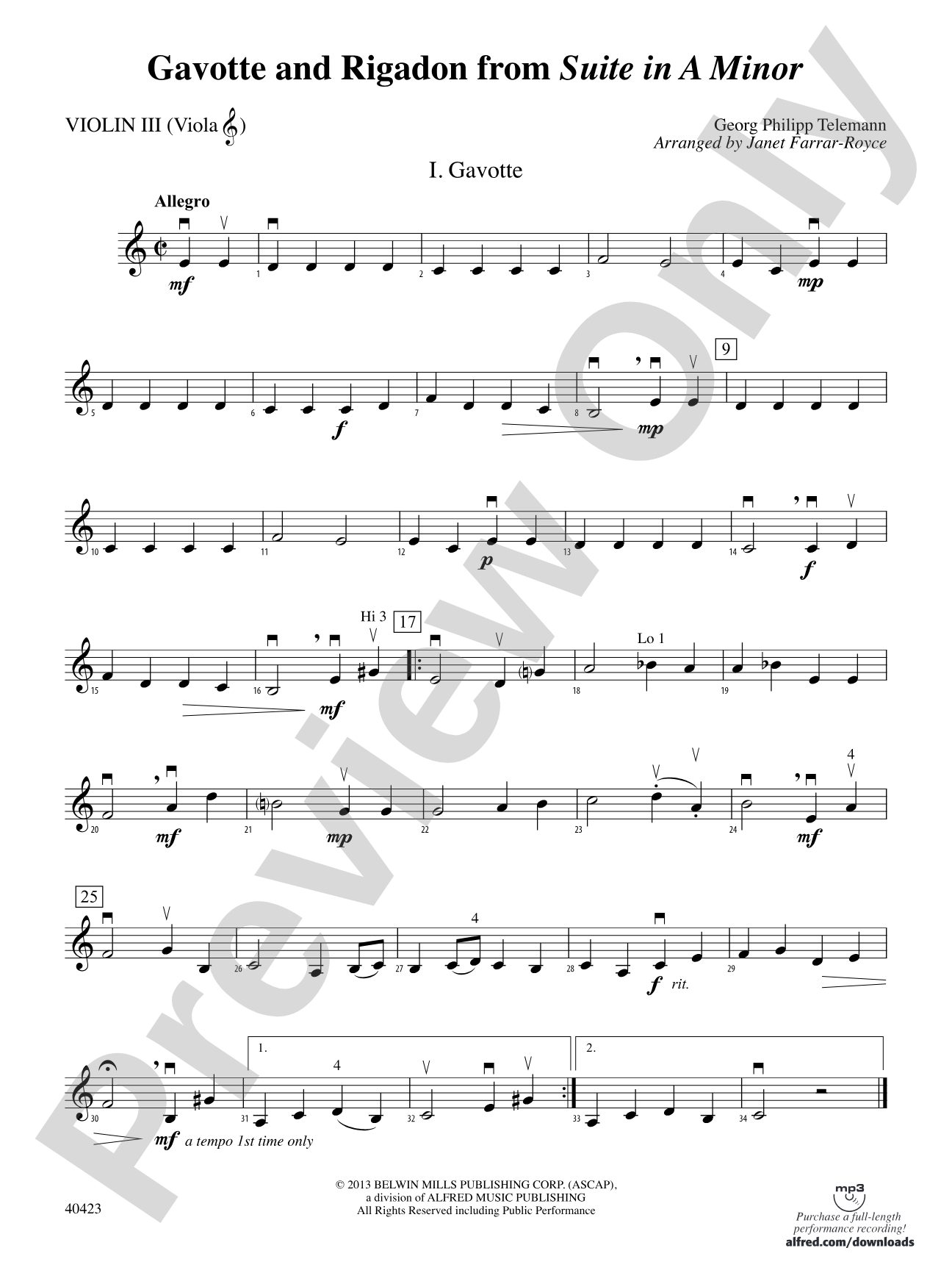 "Gavotte" and "Rigadon" from Suite in A Minor: 3rd Violin (Viola [TC])