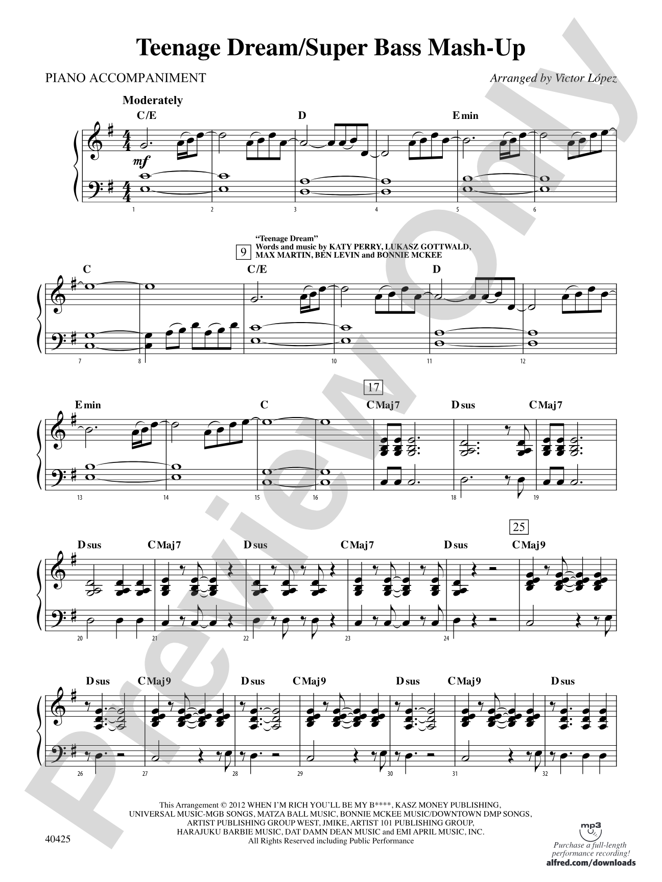 Teenage Dream / Super Bass Mash-Up: Piano Accompaniment