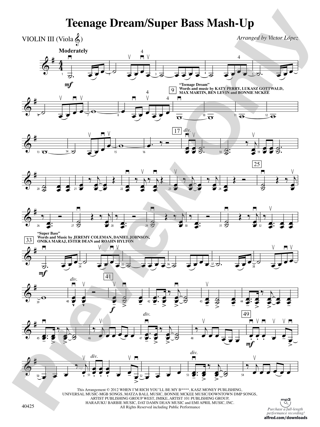 Teenage Dream / Super Bass Mash-Up: 3rd Violin (Viola [TC])