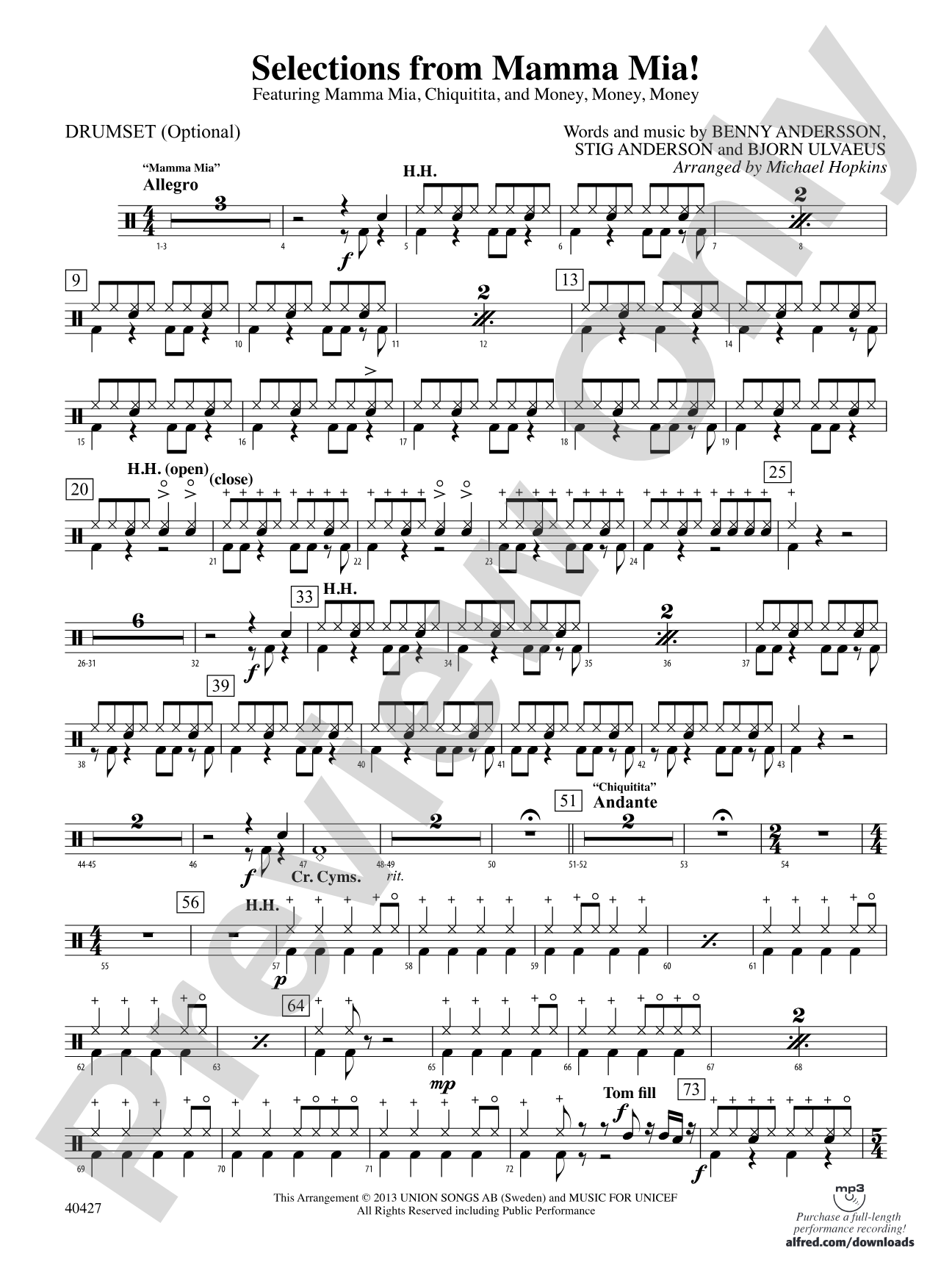 Mamma Mia!, Selections from: Drums