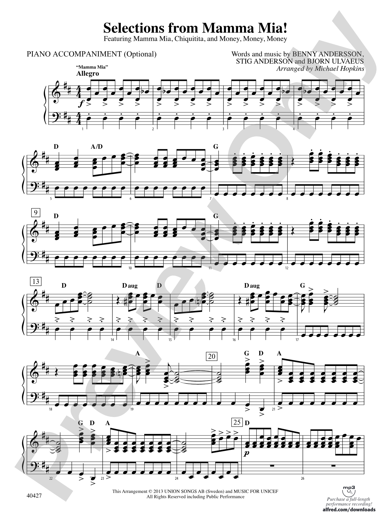 Mamma Mia!, Selections from: Piano Accompaniment