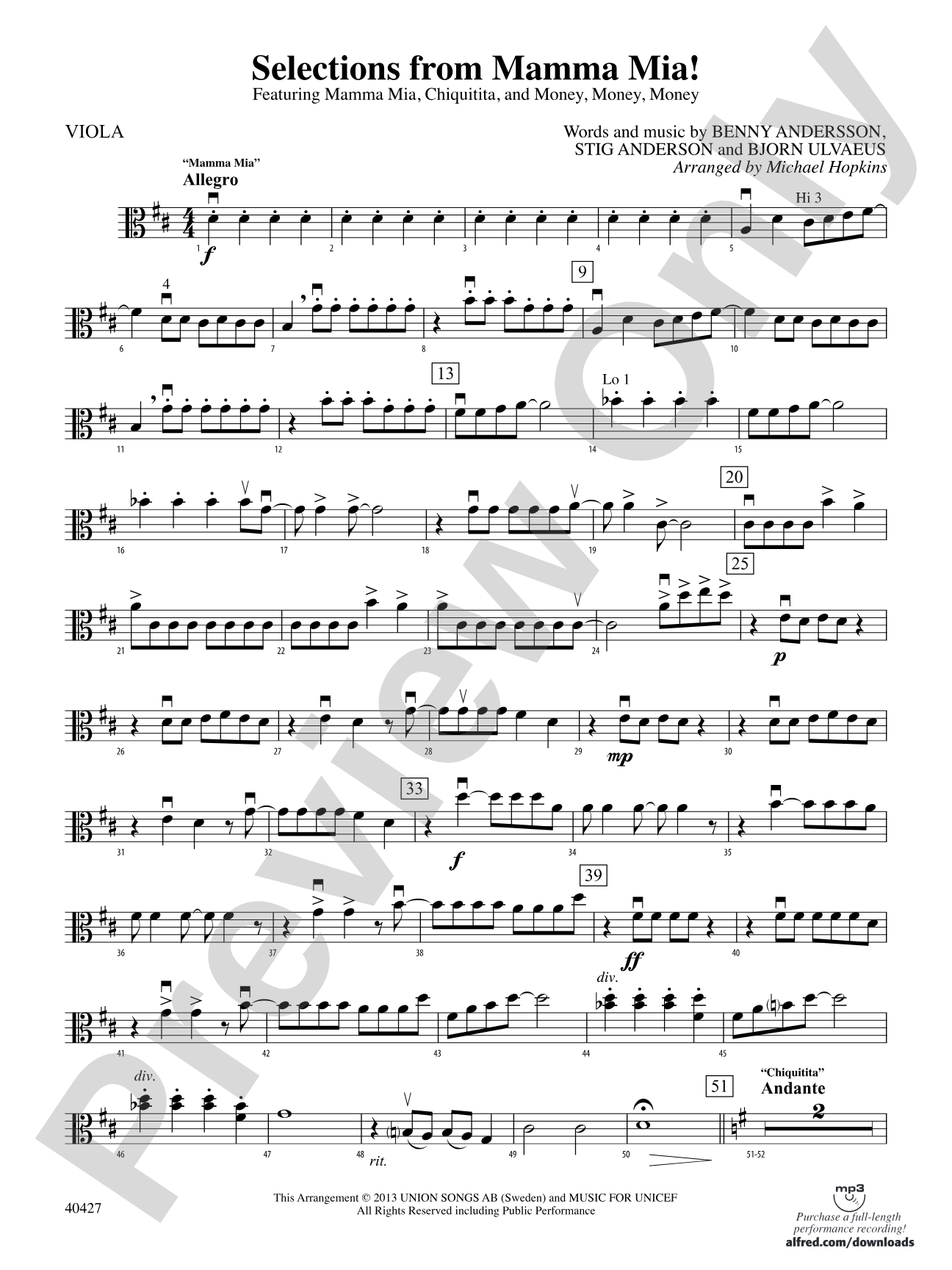 Mamma Mia!, Selections from: Viola