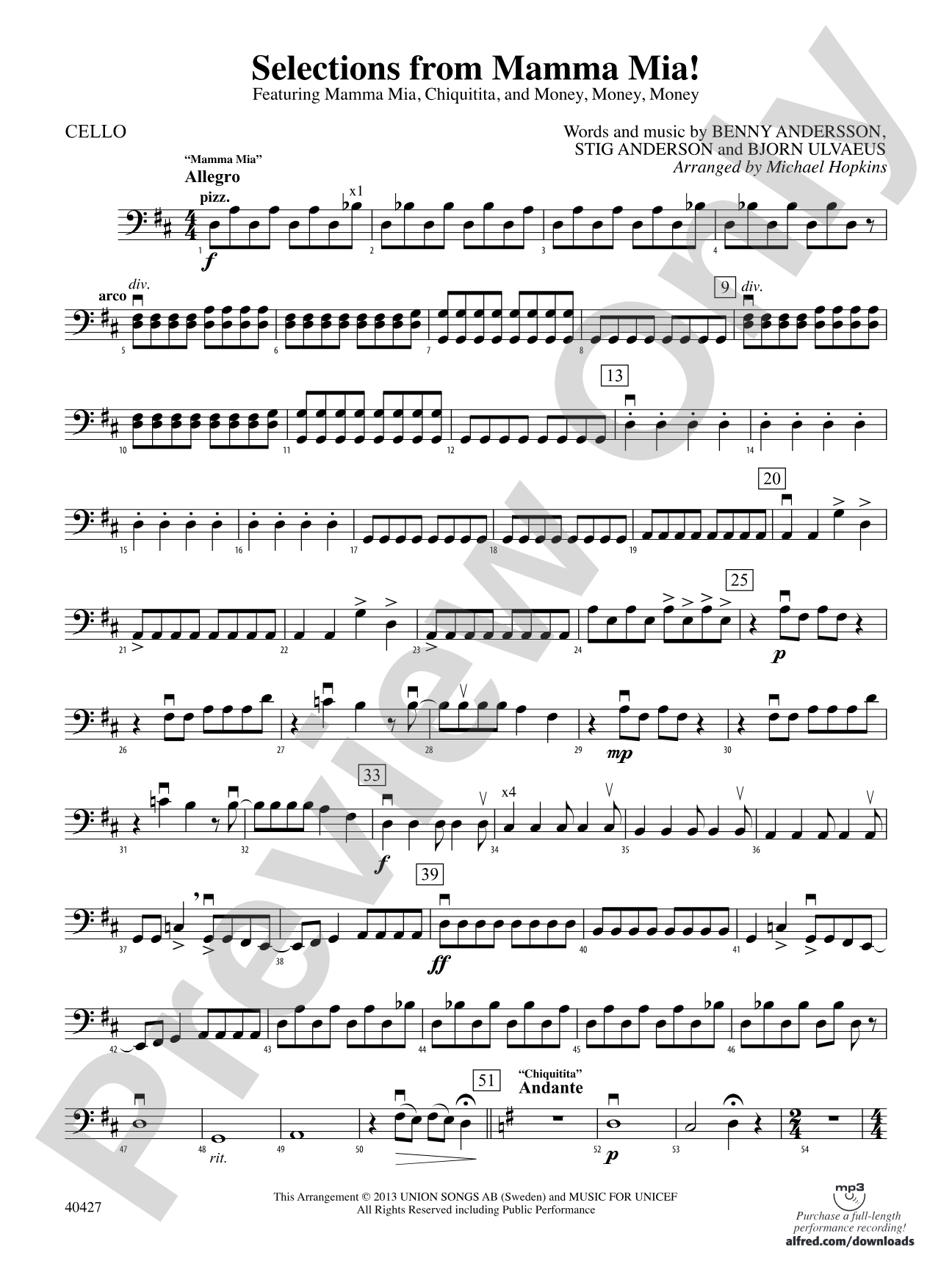 Mamma Mia!, Selections from: Cello