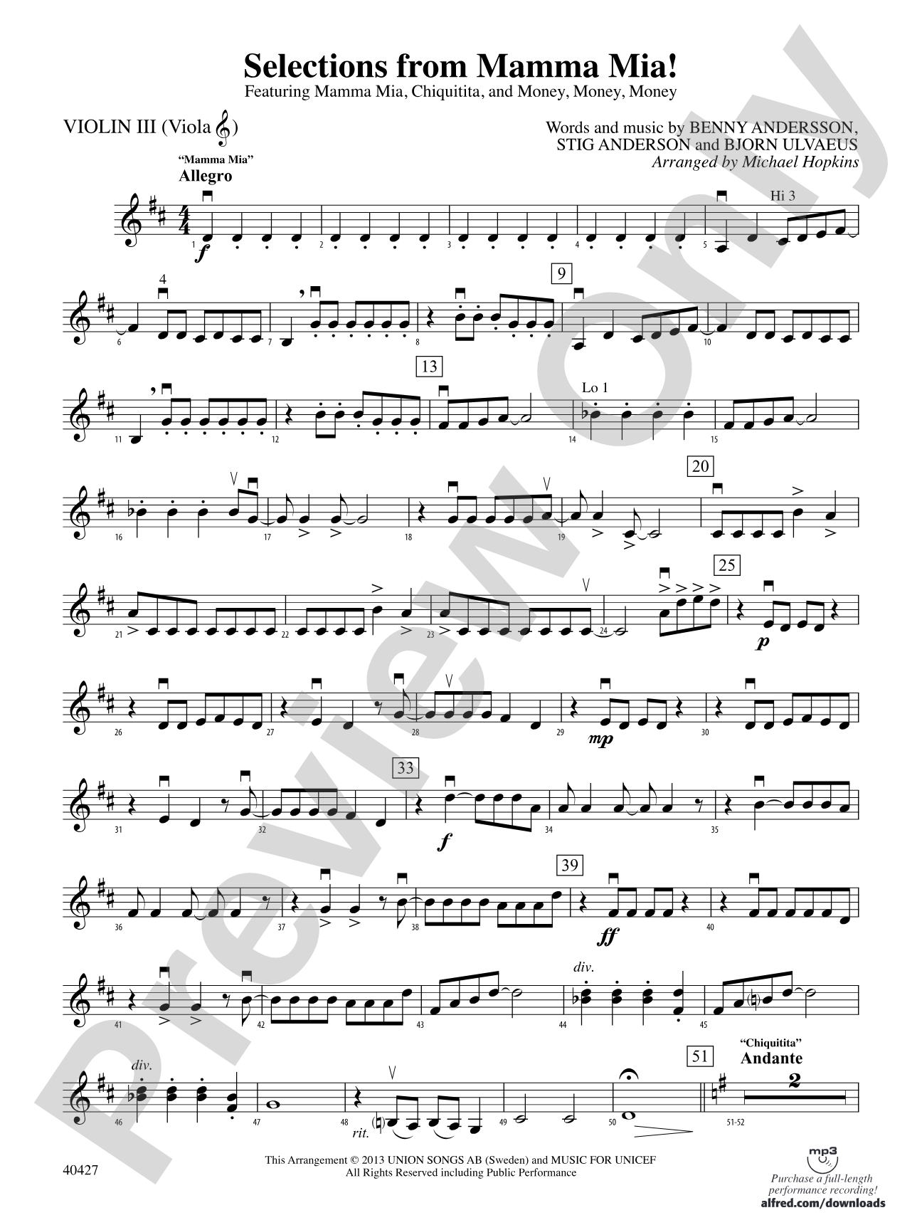 Mamma Mia!, Selections from: 3rd Violin (Viola [TC])
