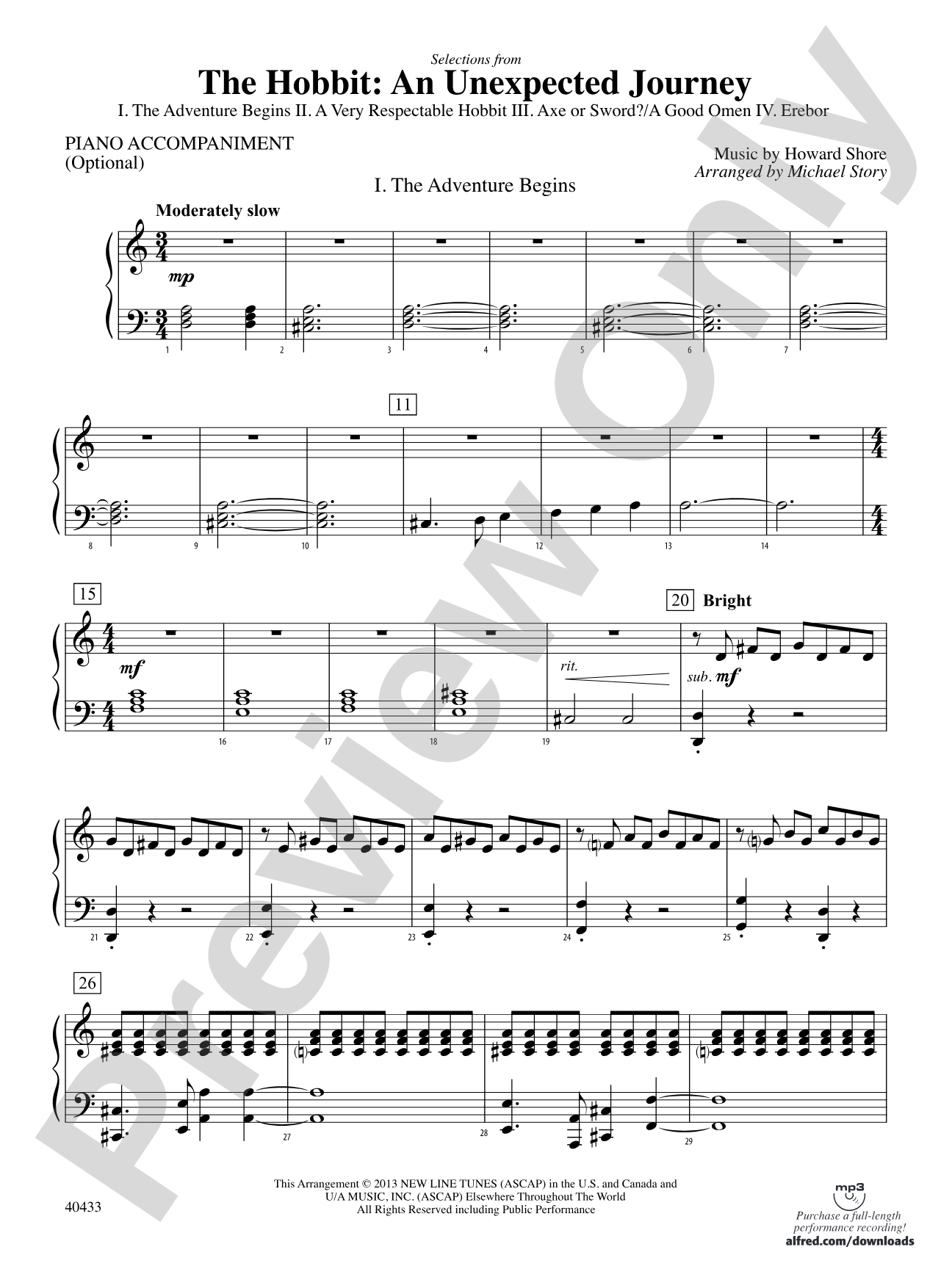 The Hobbit: An Unexpected Journey, Selections from: Piano Accompaniment