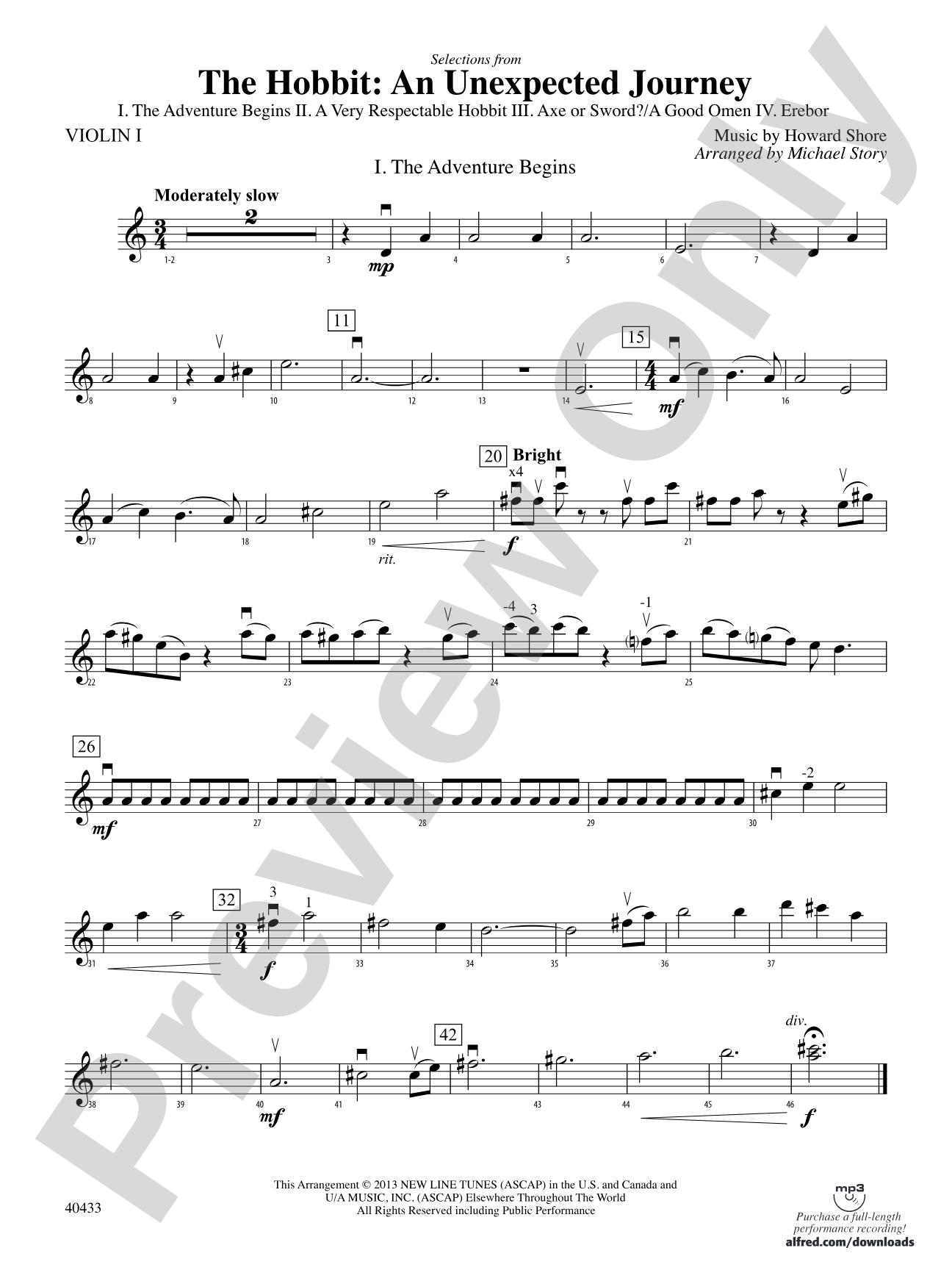 The Hobbit: An Unexpected Journey, Selections from: 1st Violin