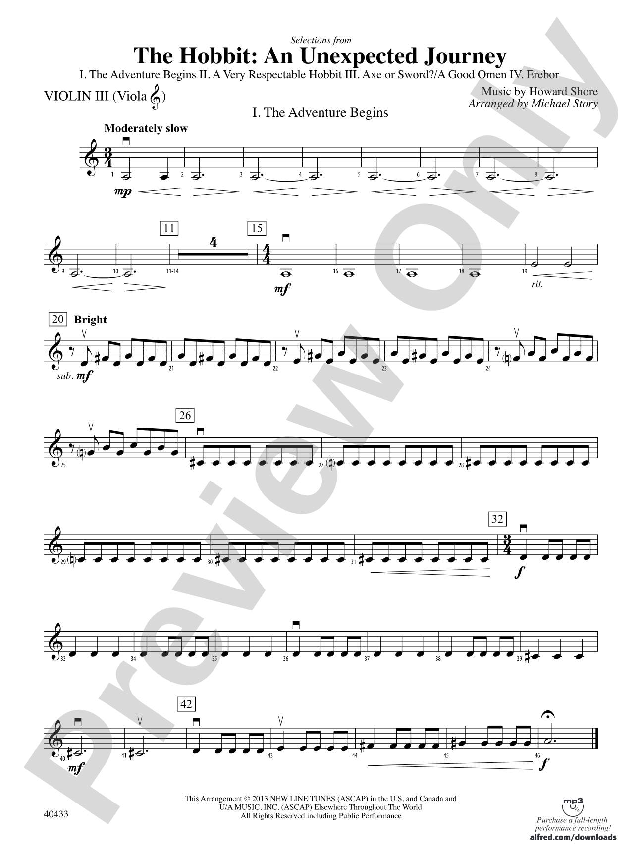 The Hobbit: An Unexpected Journey, Selections from: 3rd Violin (Viola [TC])
