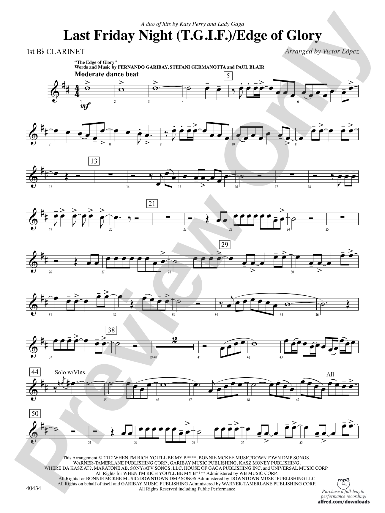Last Friday Night (T.G.I.F.) / Edge of Glory: 1st B-flat Clarinet