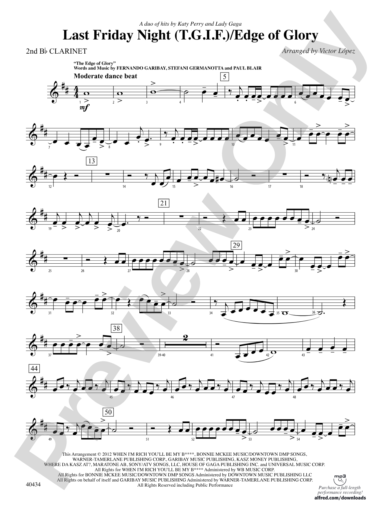 Last Friday Night (T.G.I.F.) / Edge of Glory: 2nd B-flat Clarinet