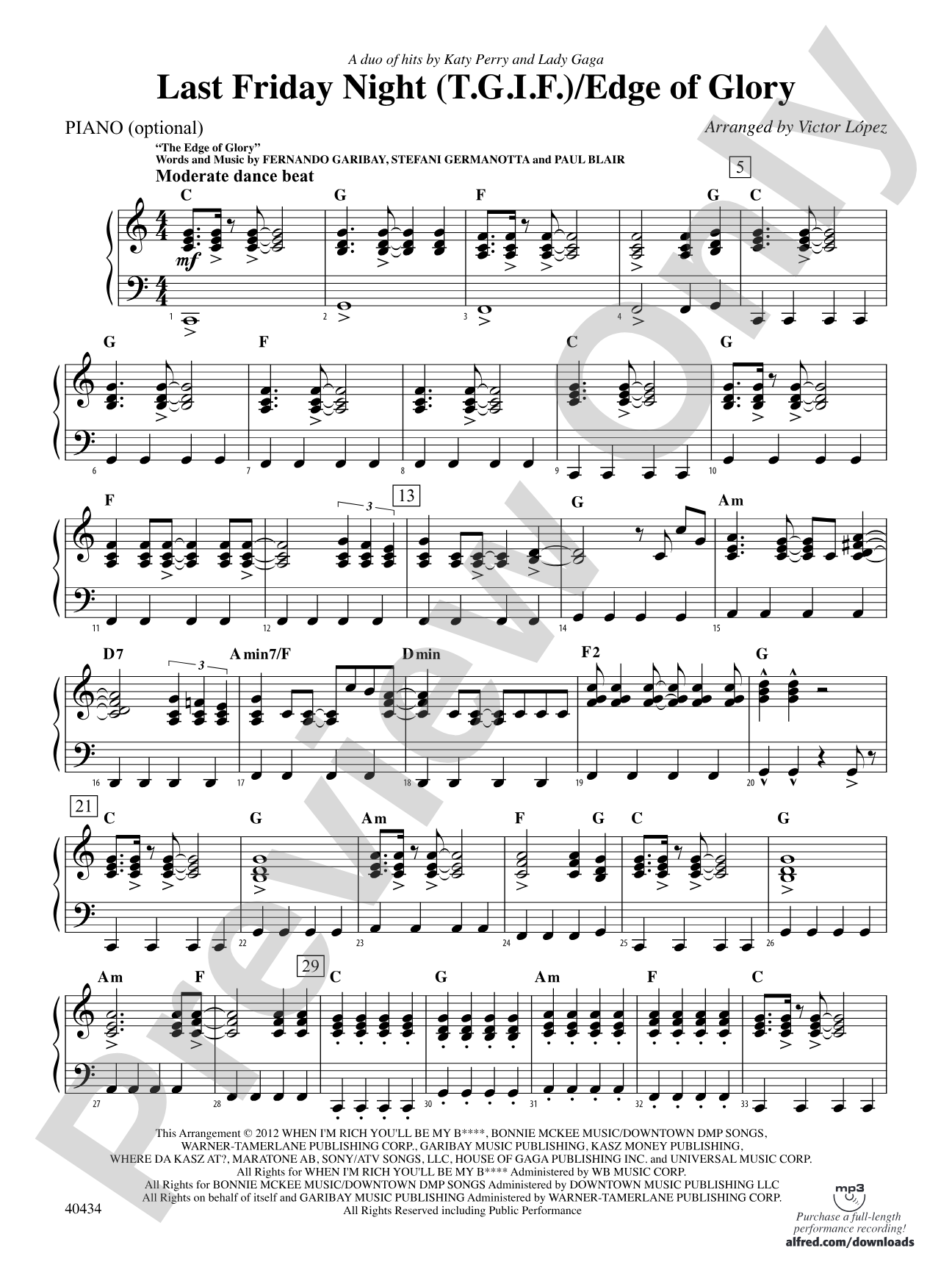 Last Friday Night (T.G.I.F.) / Edge of Glory: Piano Accompaniment