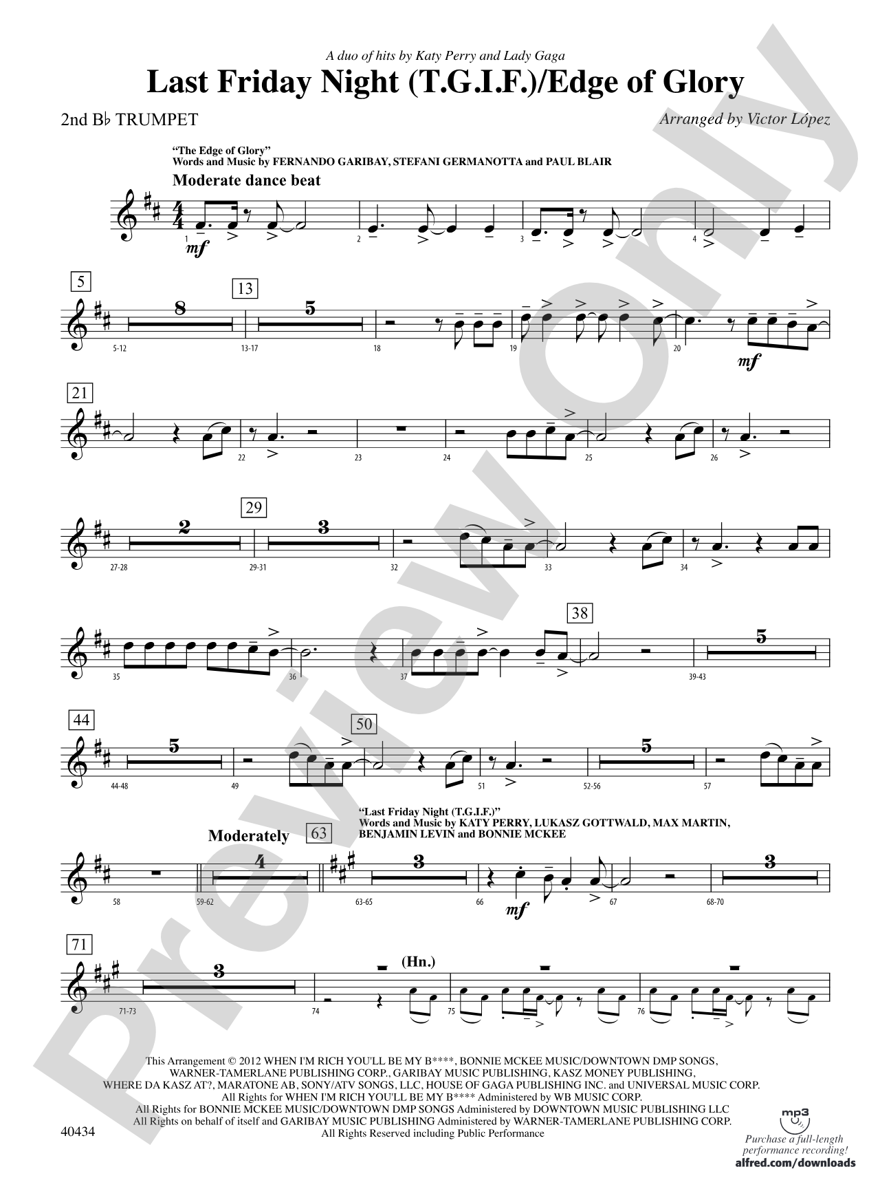 Last Friday Night (T.G.I.F.) / Edge of Glory: 2nd B-flat Trumpet
