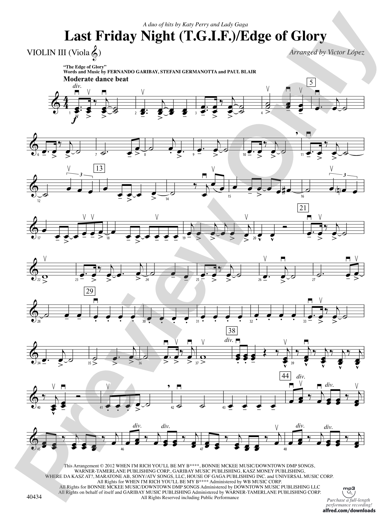 Last Friday Night (T.G.I.F.) / Edge of Glory: 3rd Violin (Viola [TC])