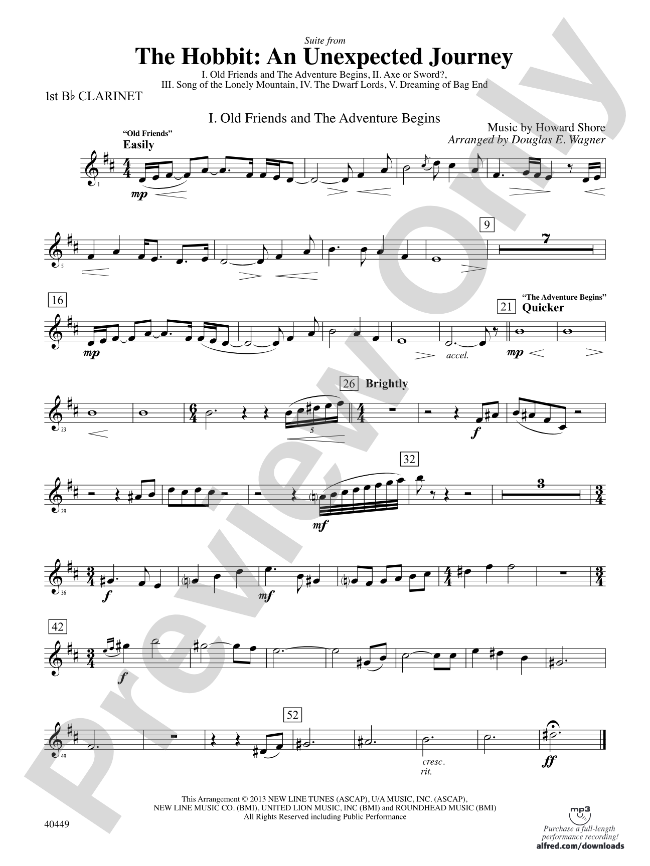 The Hobbit: An Unexpected Journey, Suite from: 1st B-flat Clarinet
