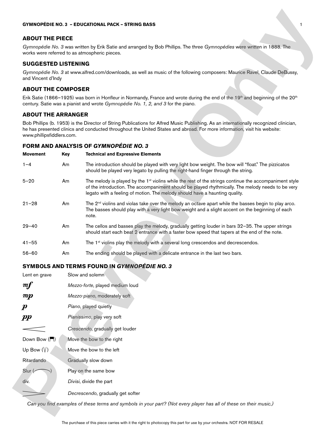 Gymnopédie No. 3: Bass Educational Pack