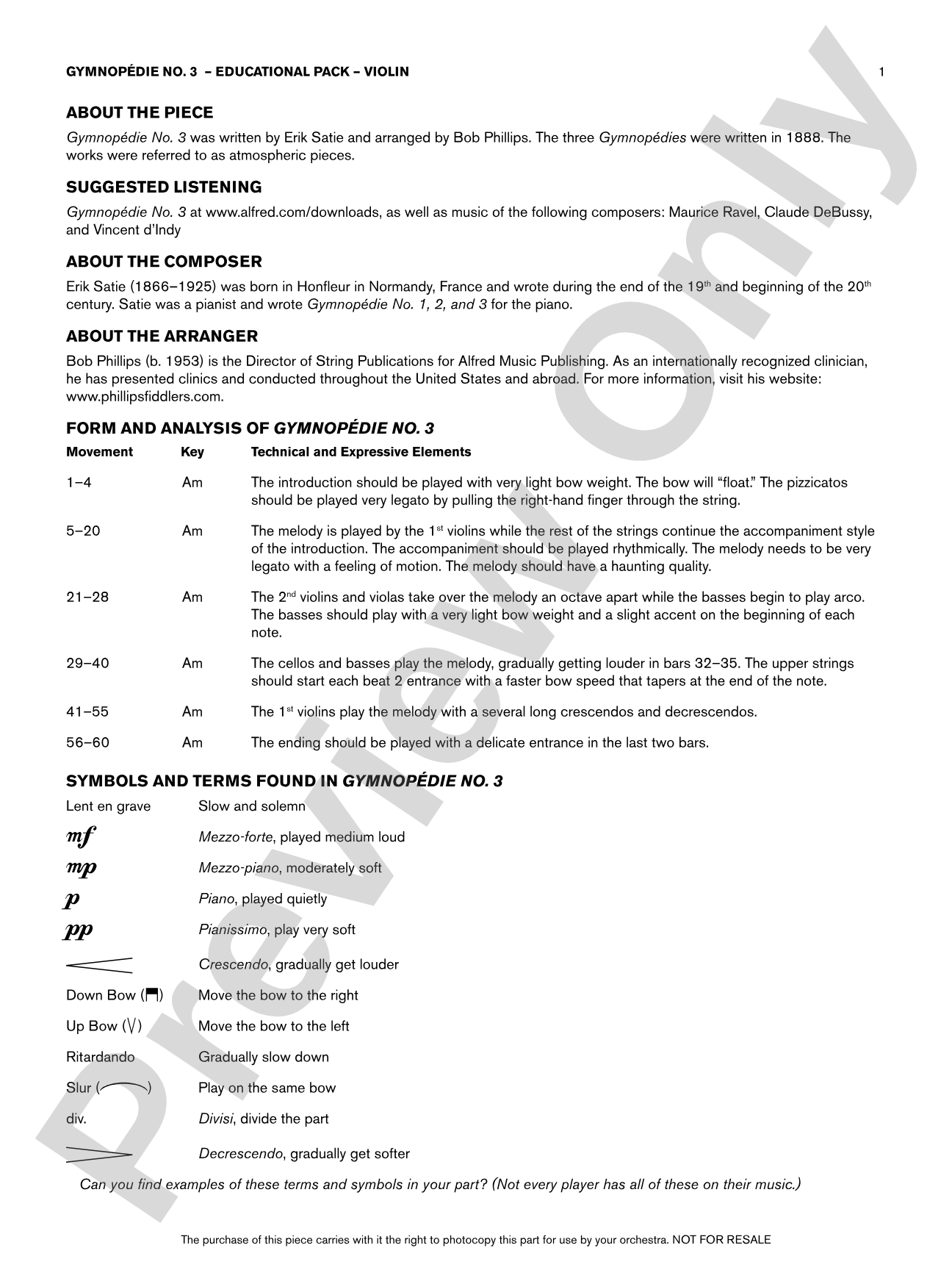 Gymnopédie No. 3: Violin Educational Pack