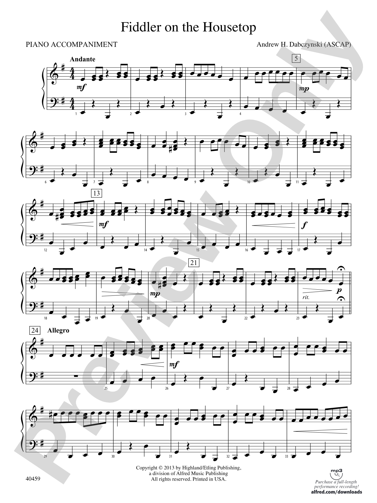 Fiddler on the Housetop: Piano Accompaniment
