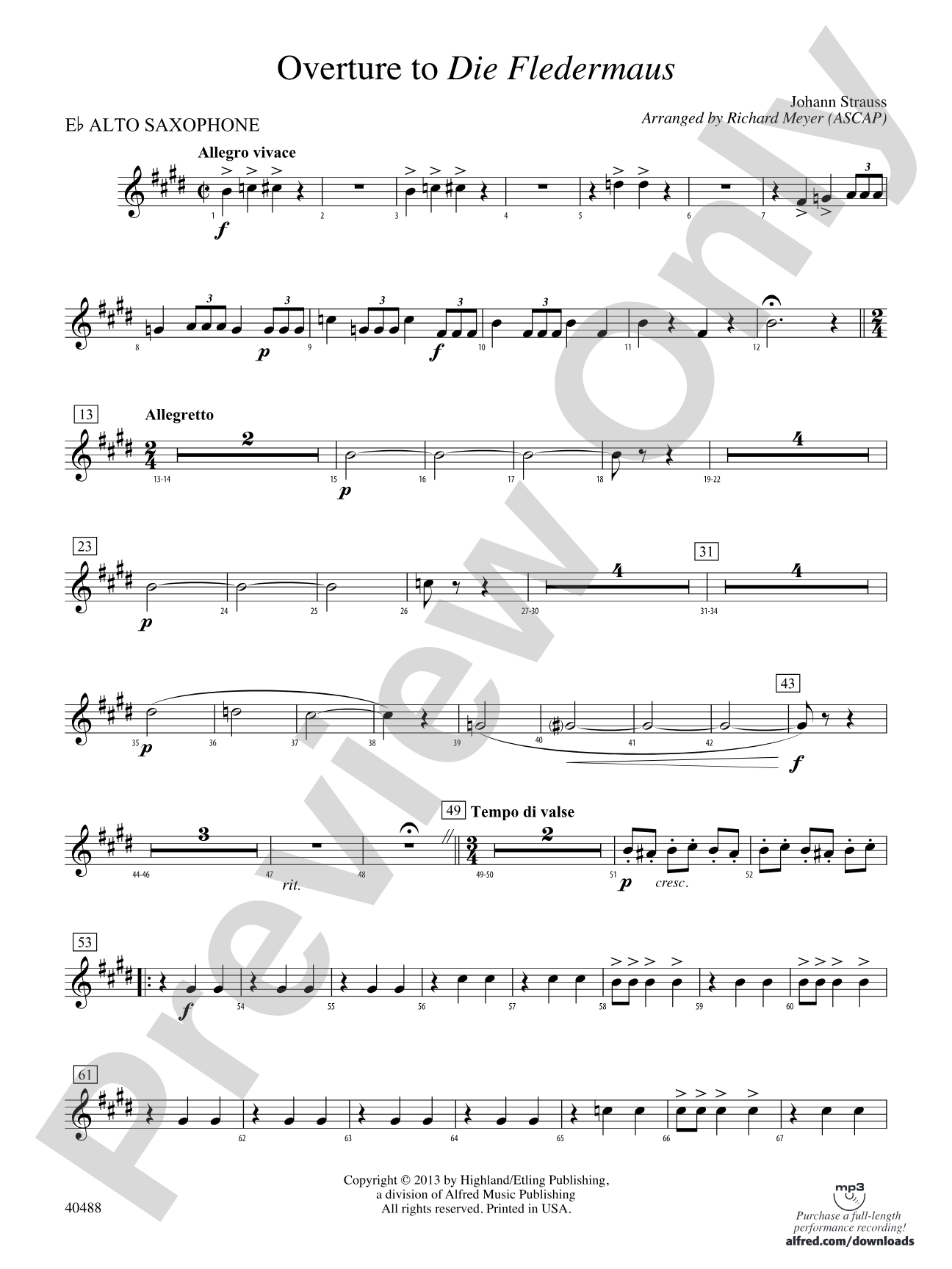 Overture to Die Fledermaus: E-flat Alto Saxophone