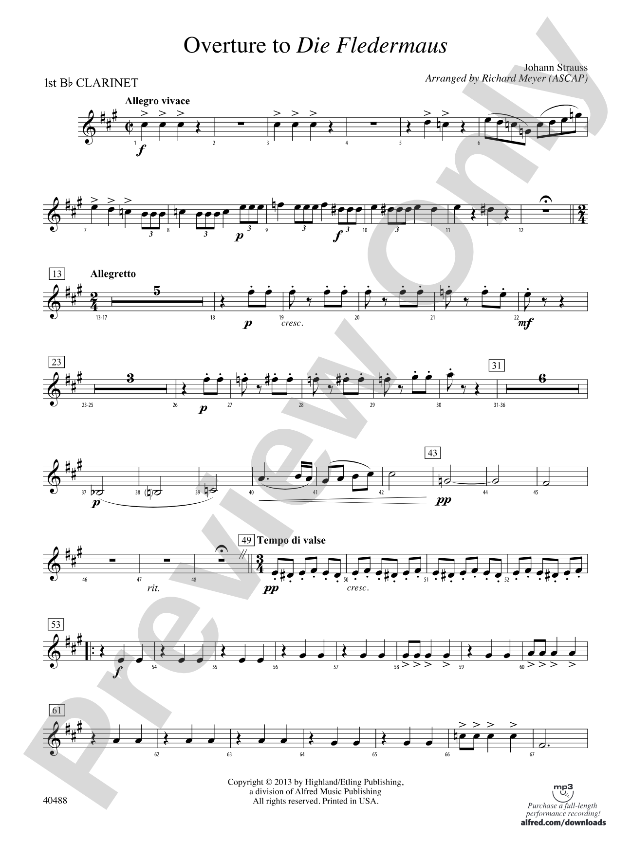 Overture to Die Fledermaus: 1st B-flat Clarinet