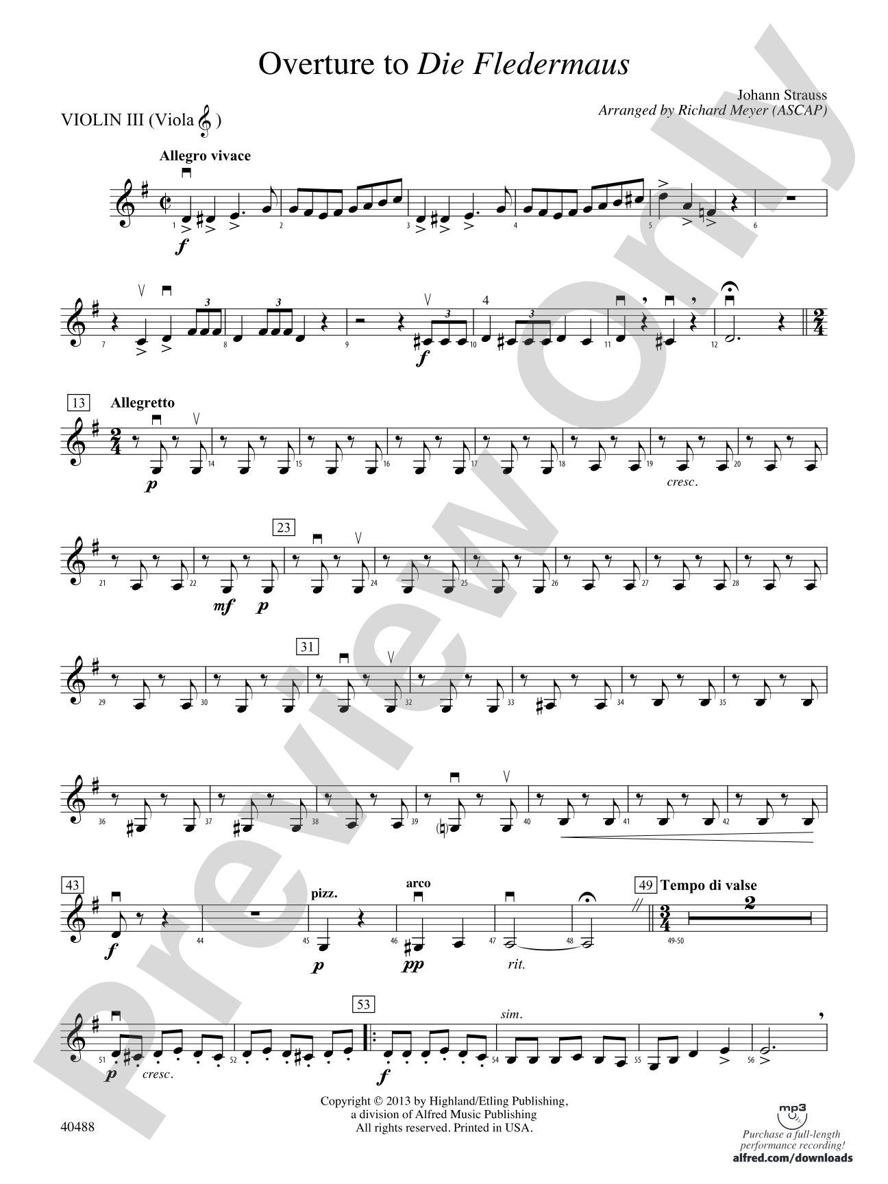 Overture to Die Fledermaus: 3rd Violin (Viola [TC])