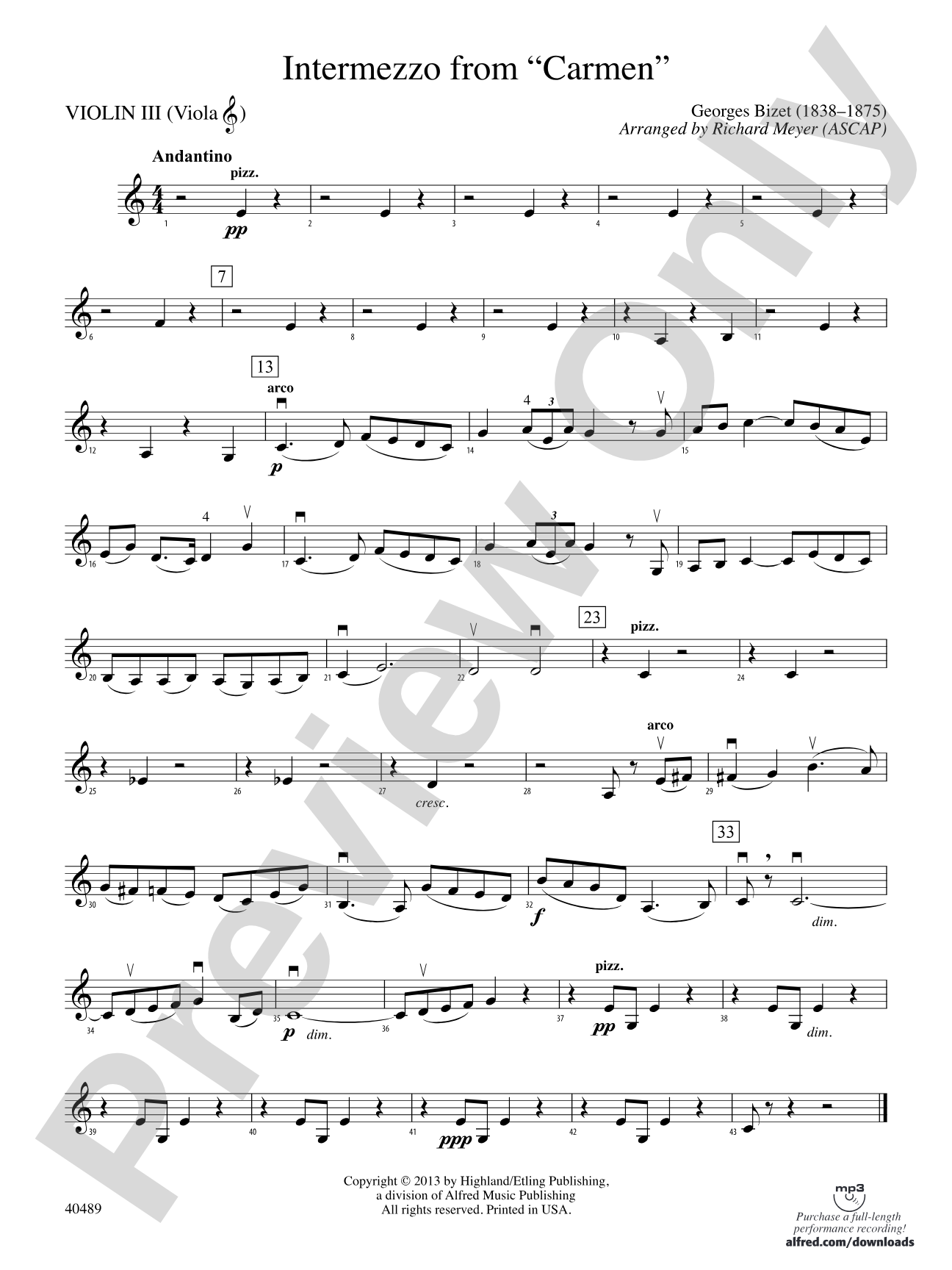 Intermezzo from Carmen: 3rd Violin (Viola [TC])
