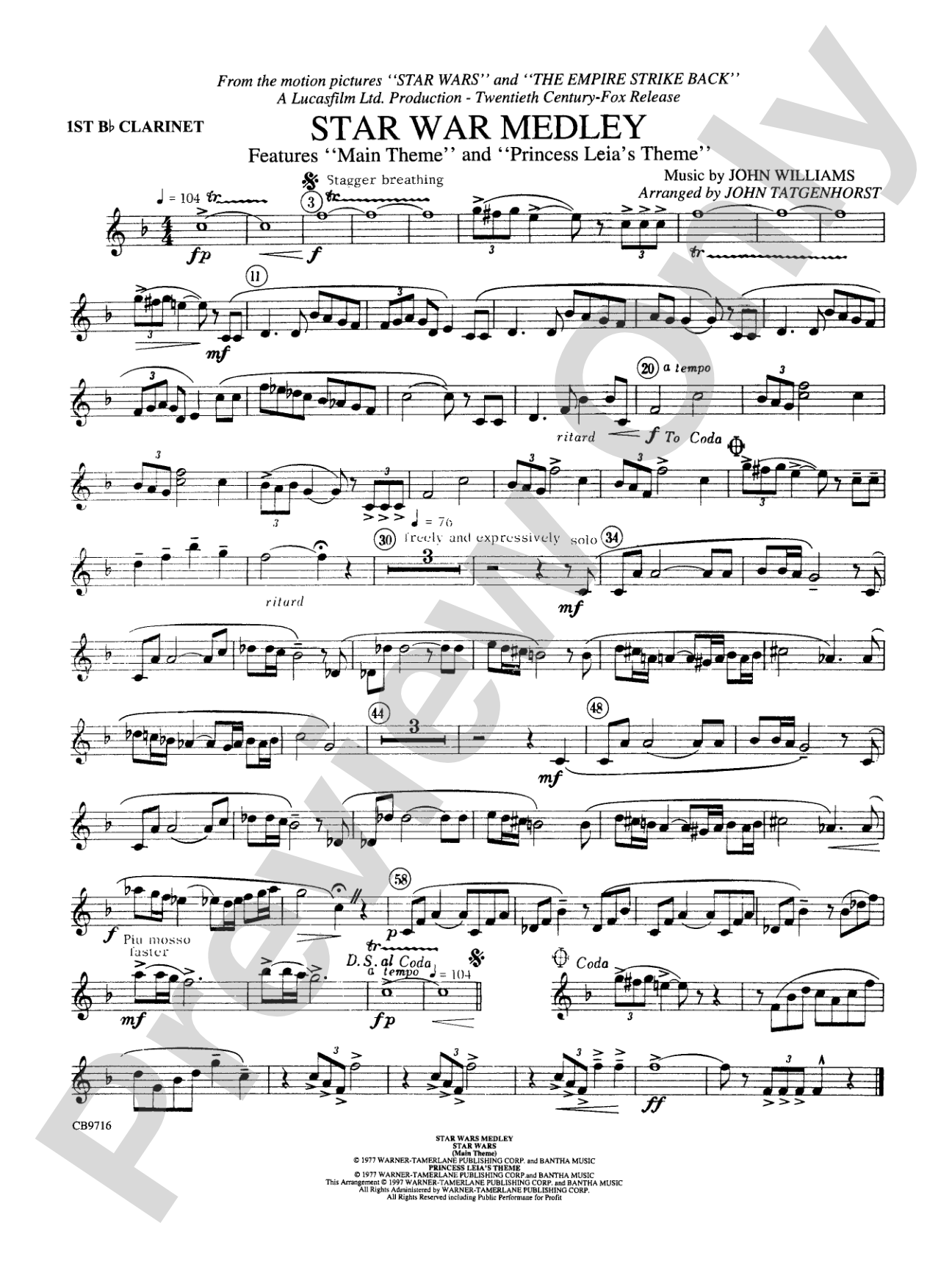 Star Wars® Medley: 1st B-flat Clarinet