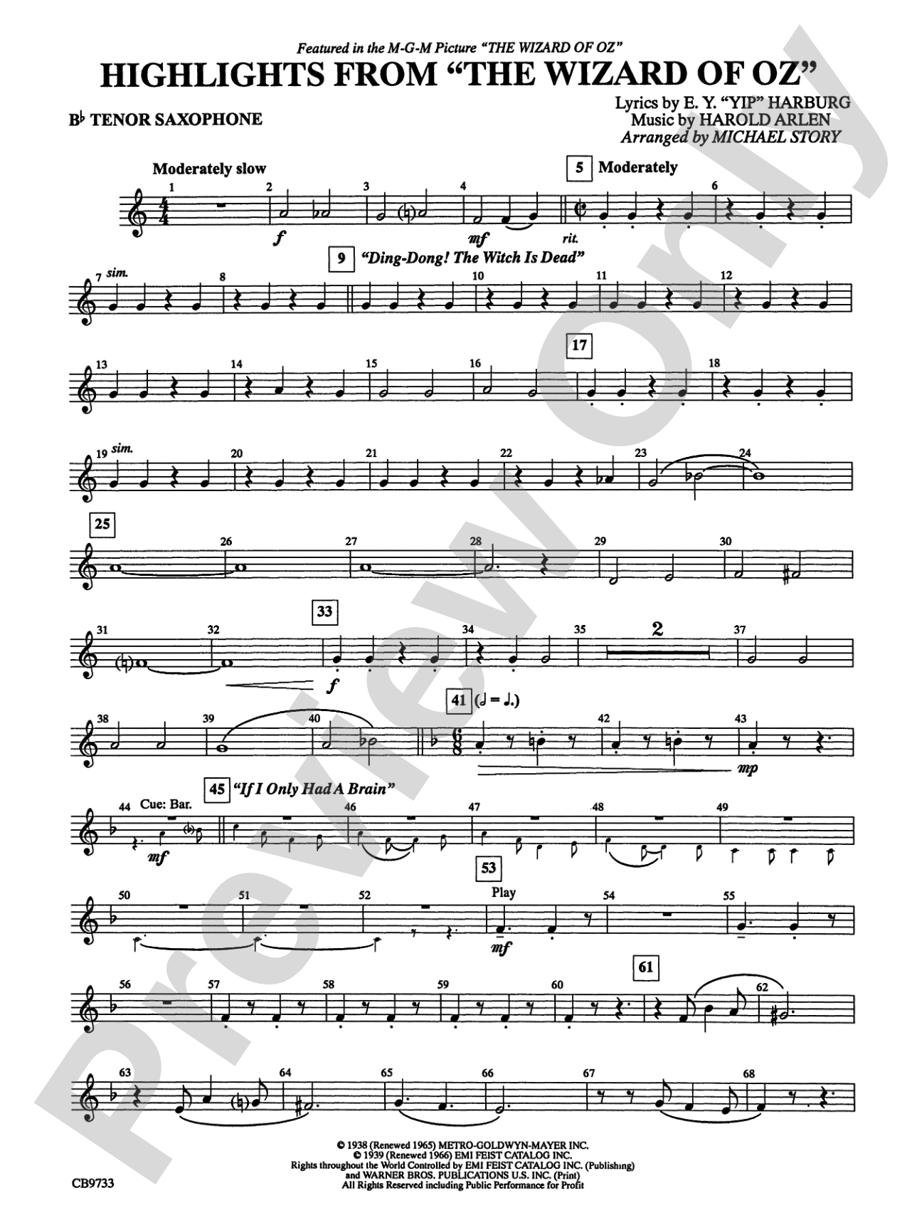 The Wizard of Oz, Highlights from: B-flat Tenor Saxophone