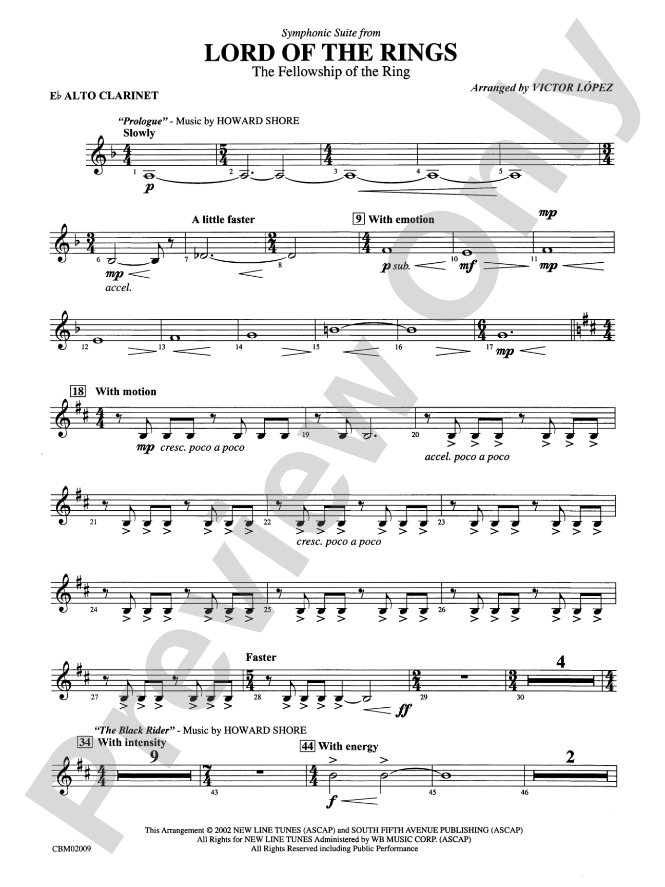 The Lord of the Rings: The Fellowship of the Ring, Symphonic Suite from: E-flat Alto Clarinet