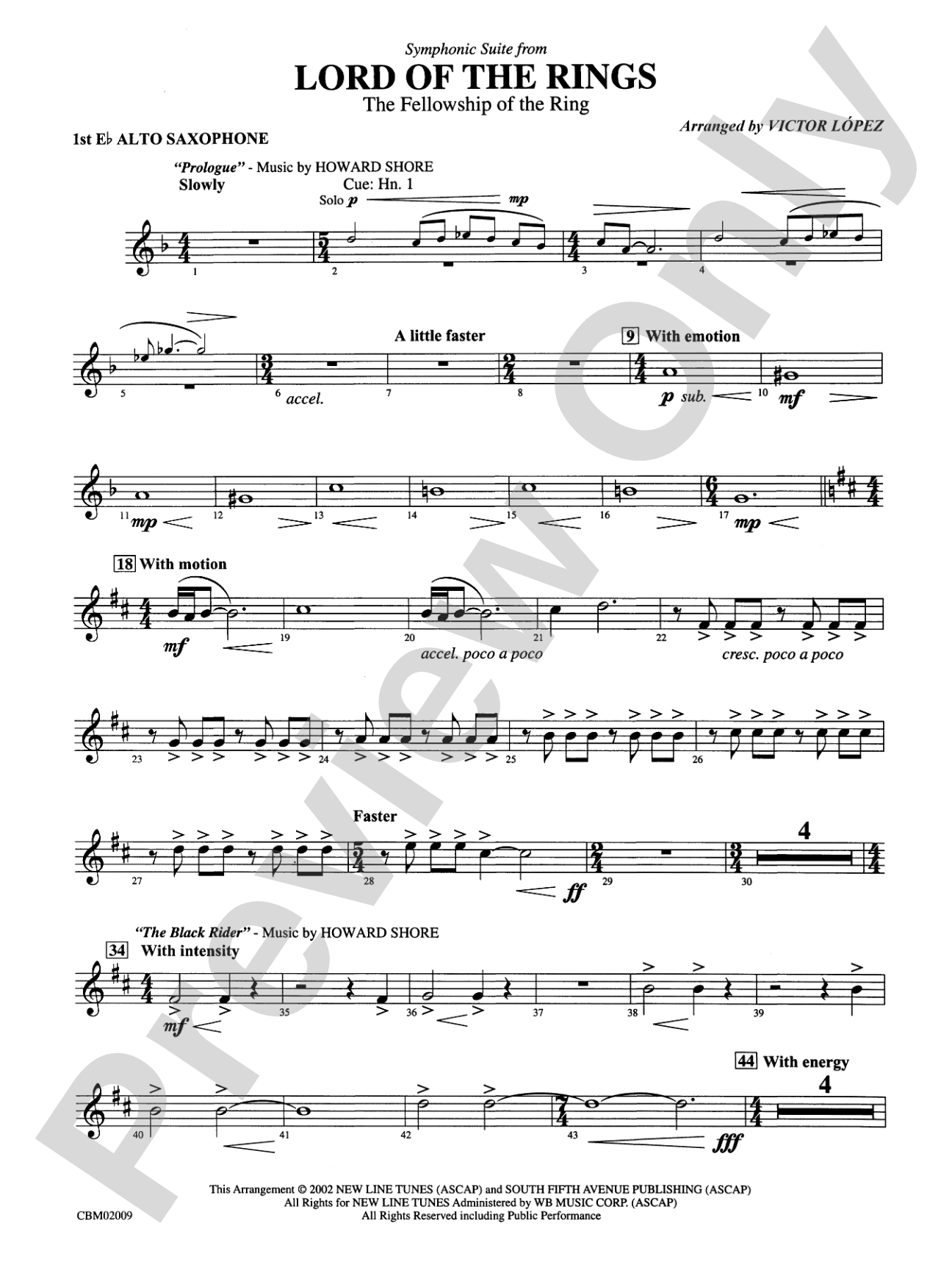 The Lord of the Rings: The Fellowship of the Ring, Symphonic Suite from: E-flat Alto Saxophone