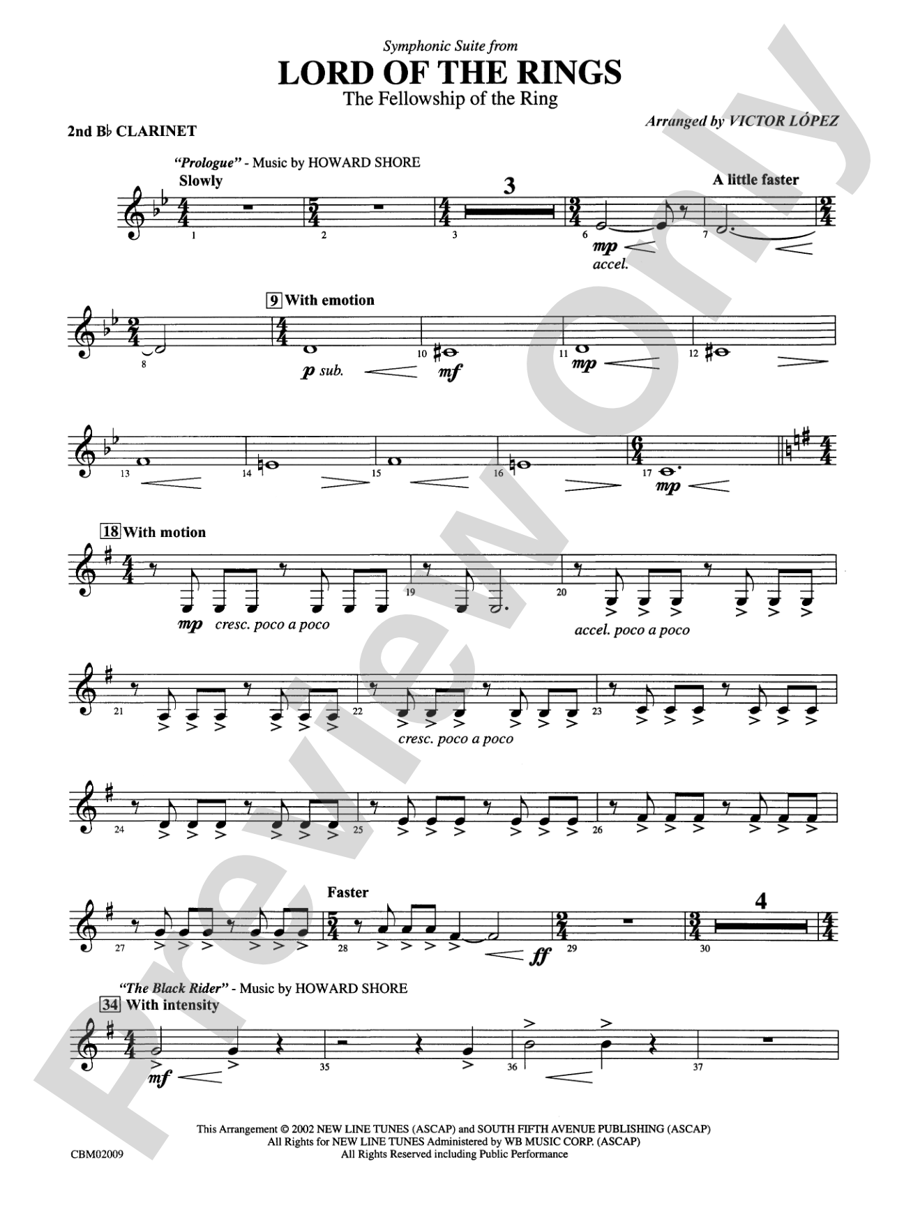 The Lord of the Rings: The Fellowship of the Ring, Symphonic Suite from: 2nd B-flat Clarinet
