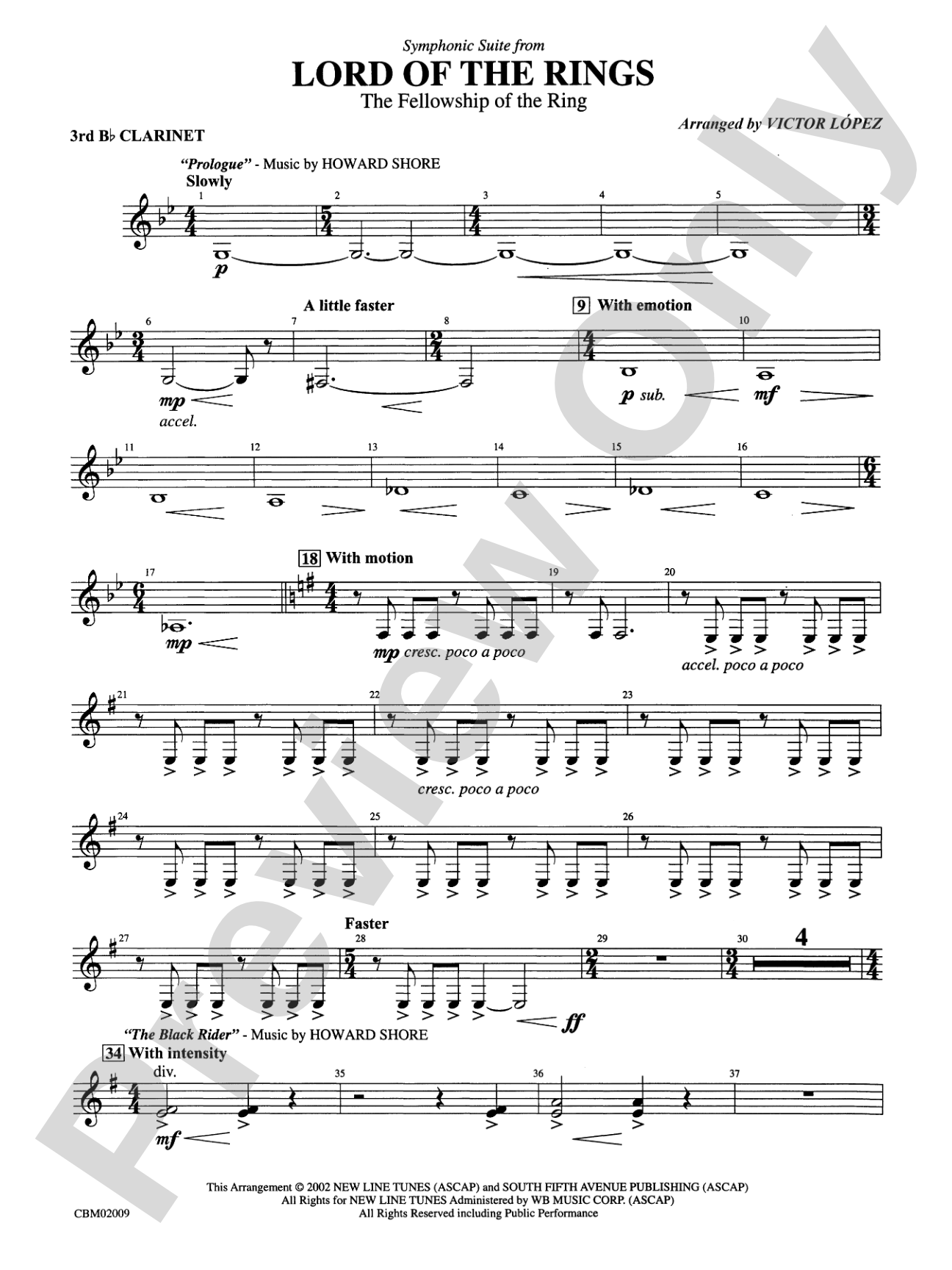 The Lord of the Rings: The Fellowship of the Ring, Symphonic Suite from: 3rd B-flat Clarinet
