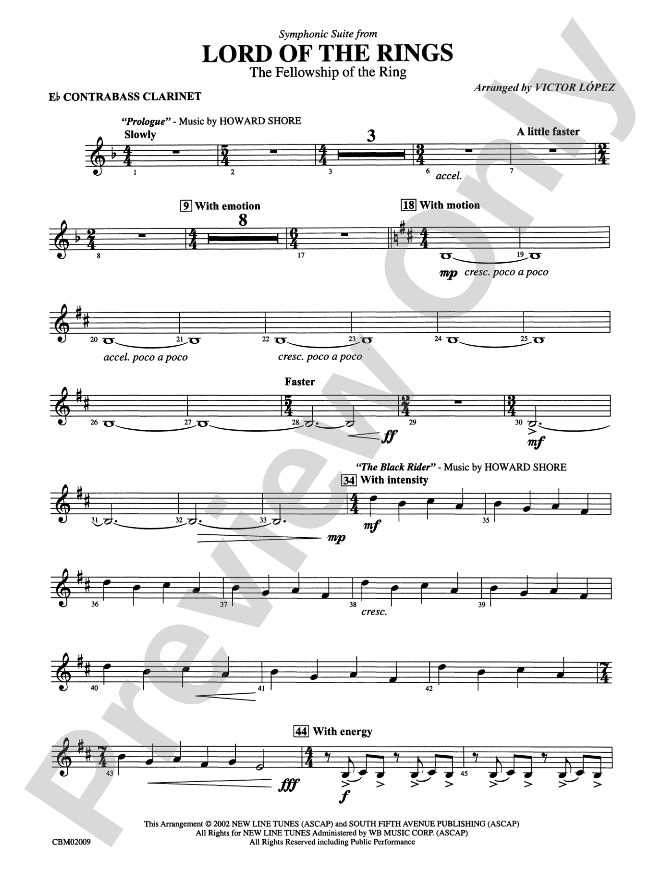 The Lord of the Rings: The Fellowship of the Ring, Symphonic Suite from: E-flat Contrabass Clarinet