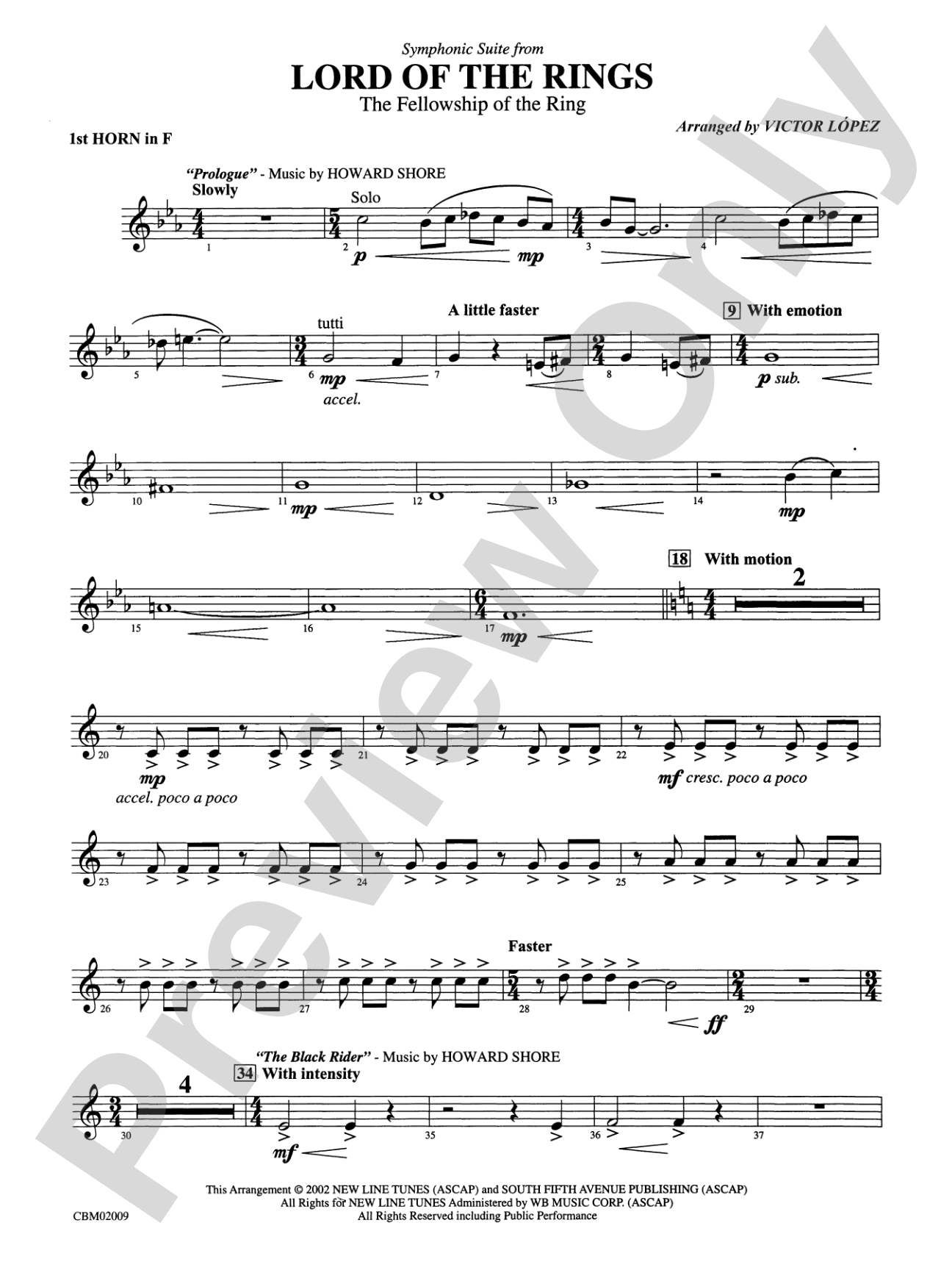 The Lord of the Rings: The Fellowship of the Ring, Symphonic Suite from: 1st F Horn