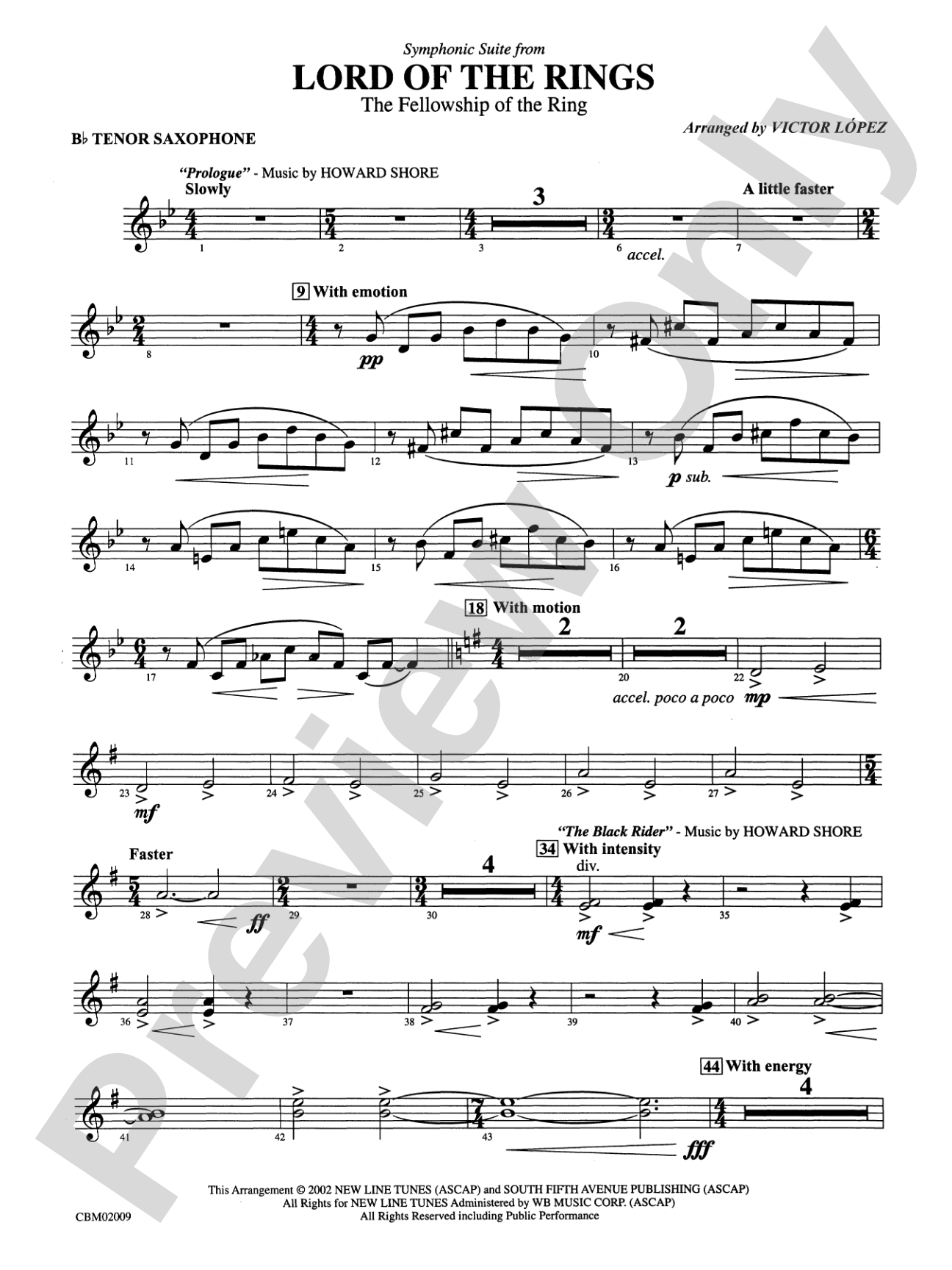 The Lord of the Rings: The Fellowship of the Ring, Symphonic Suite from: B-flat Tenor Saxophone