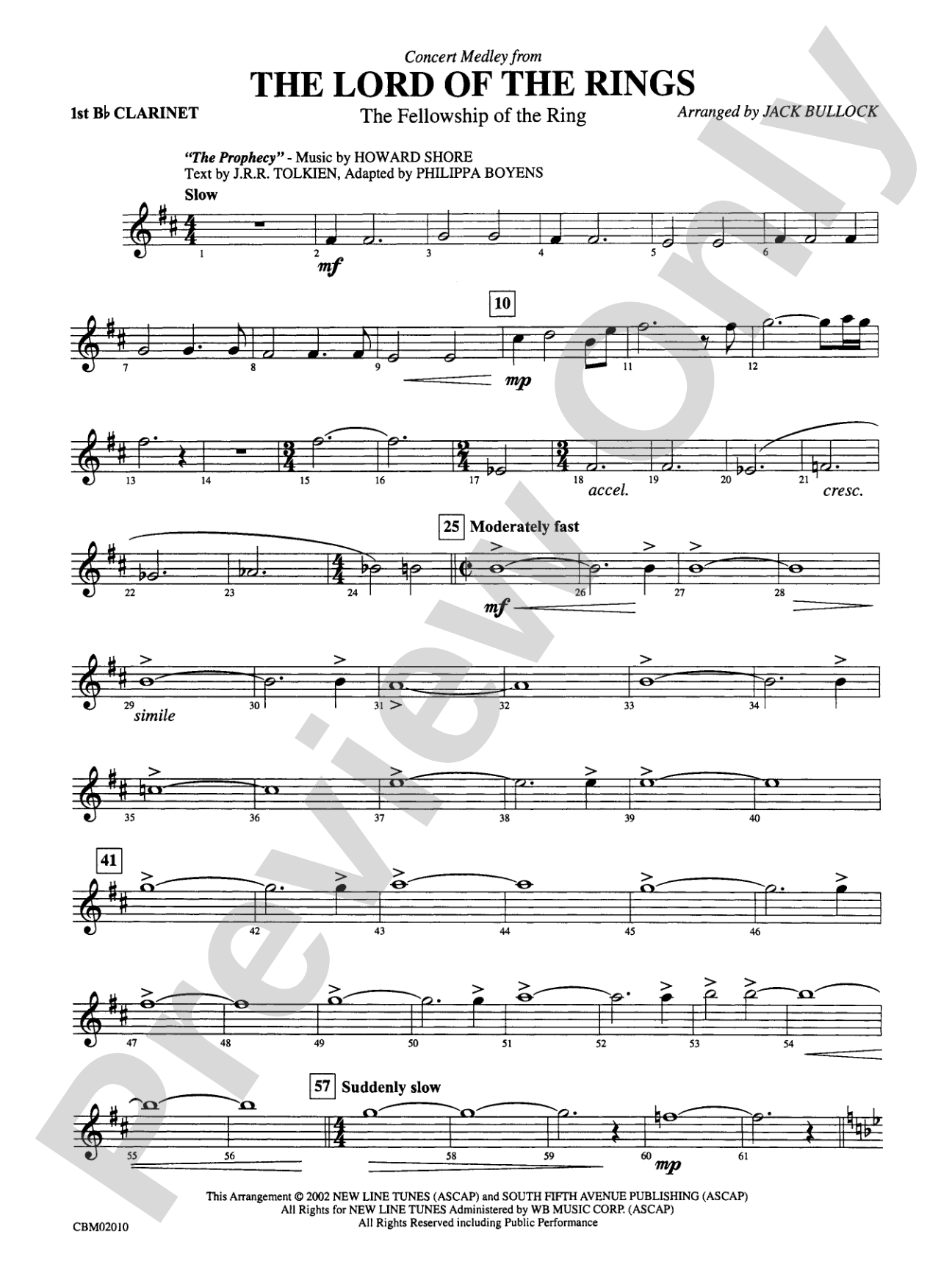 The Lord of the Rings: The Fellowship of the Ring, Concert Medley from: 1st B-flat Clarinet