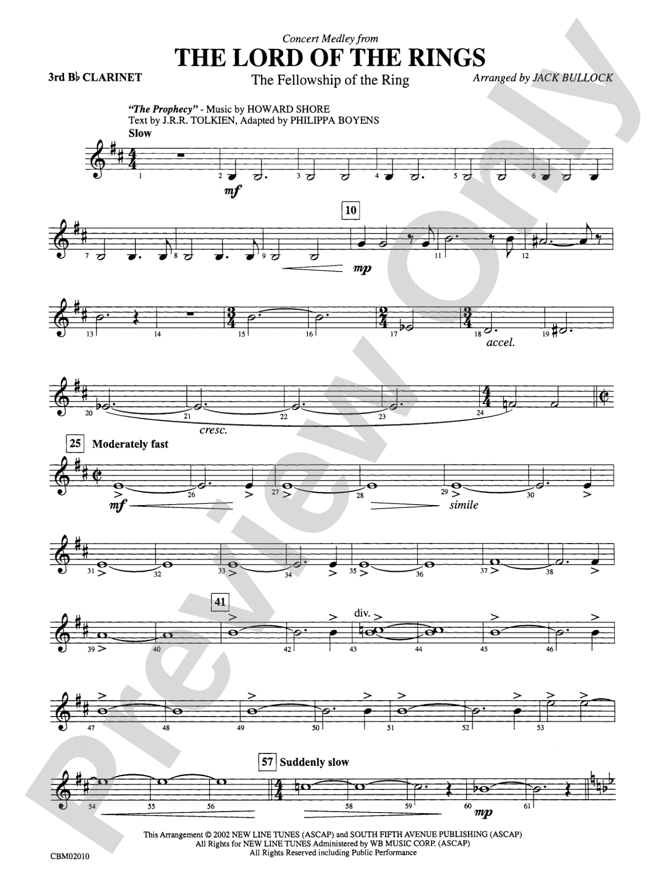 The Lord of the Rings: The Fellowship of the Ring, Concert Medley from: 3rd B-flat Clarinet