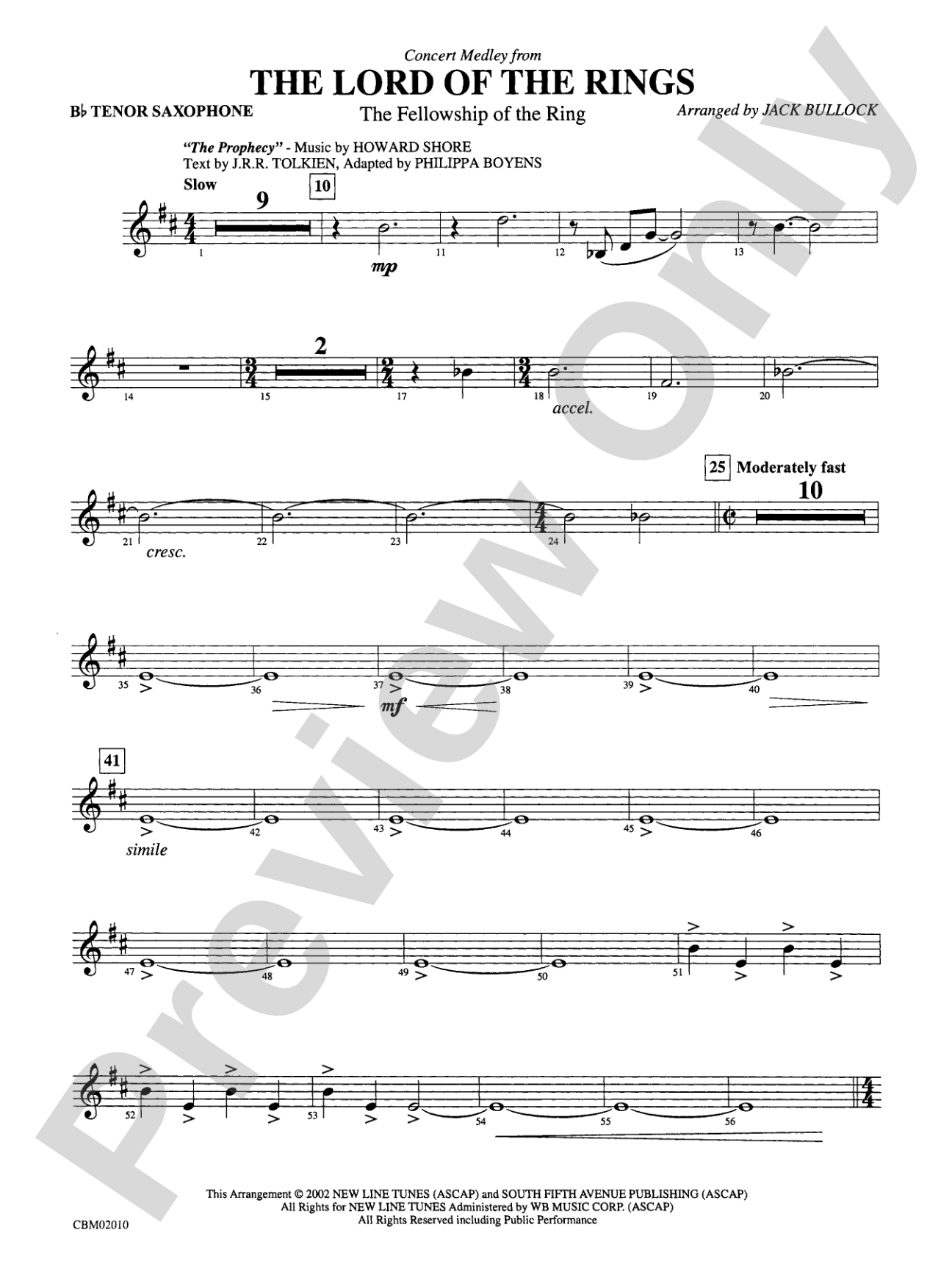 The Lord of the Rings: The Fellowship of the Ring, Concert Medley from: B-flat Tenor Saxophone