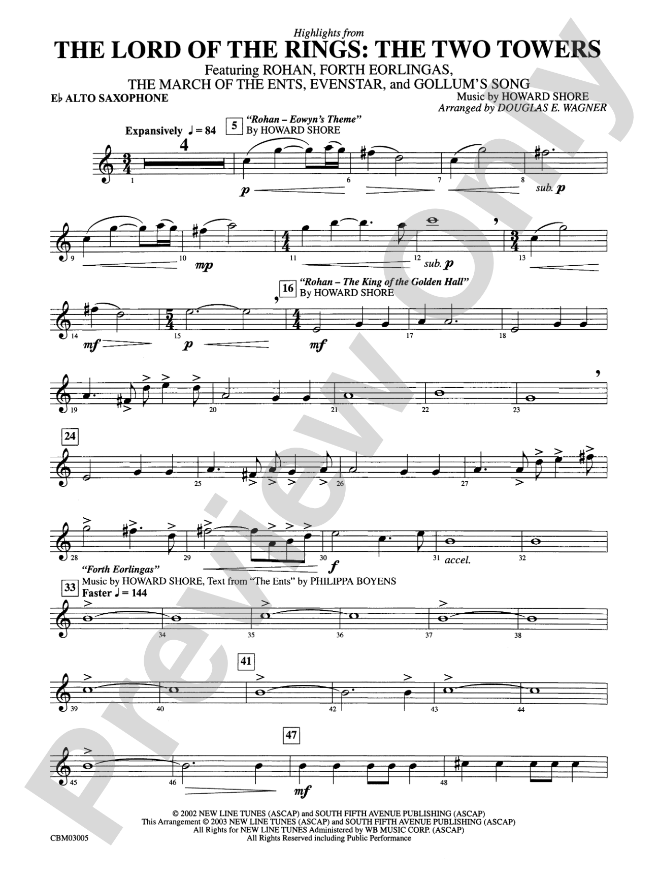 The Lord of the Rings: The Two Towers, Highlights from: E-flat Alto Saxophone