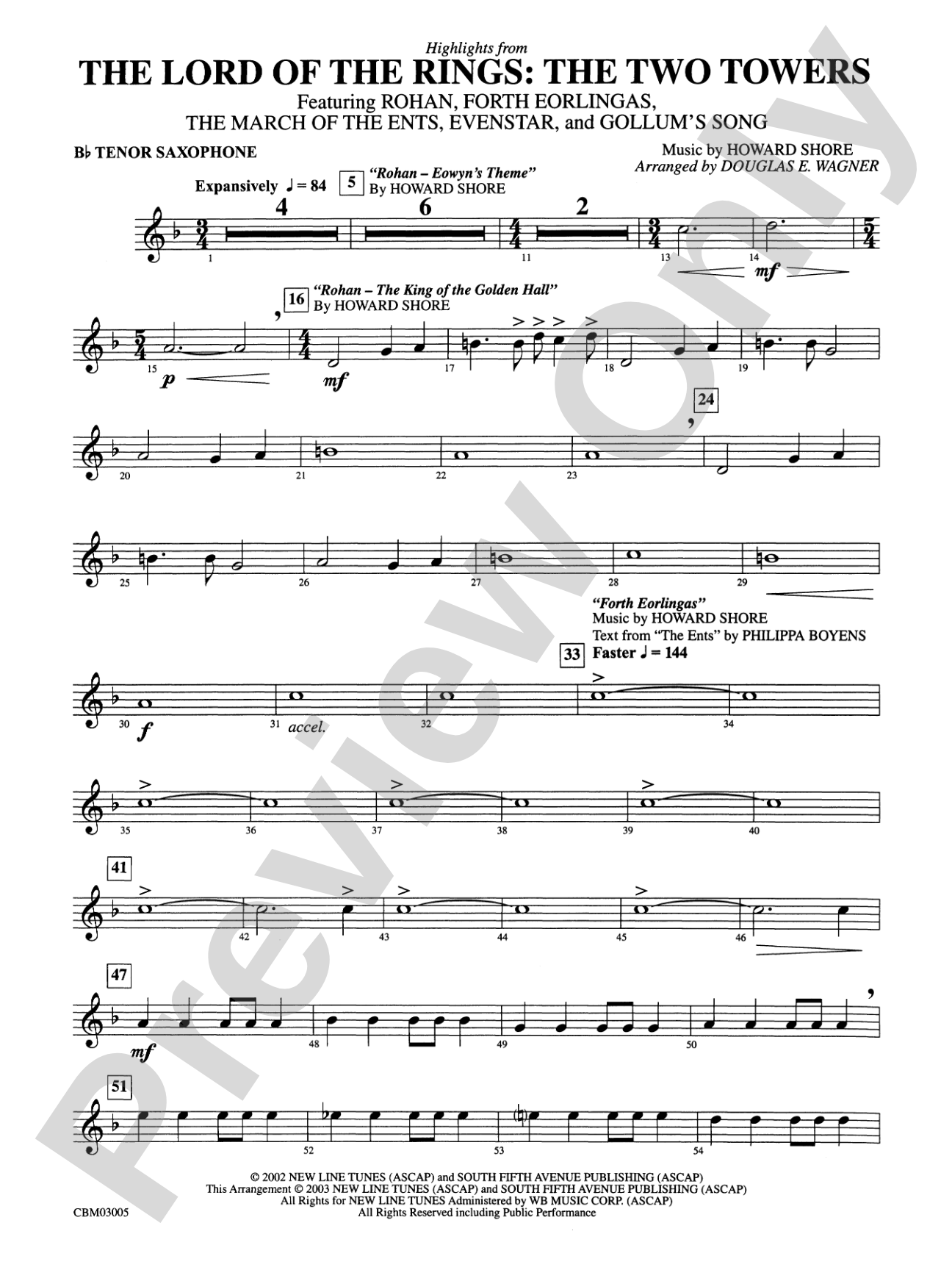 The Lord of the Rings: The Two Towers, Highlights from: B-flat Tenor Saxophone