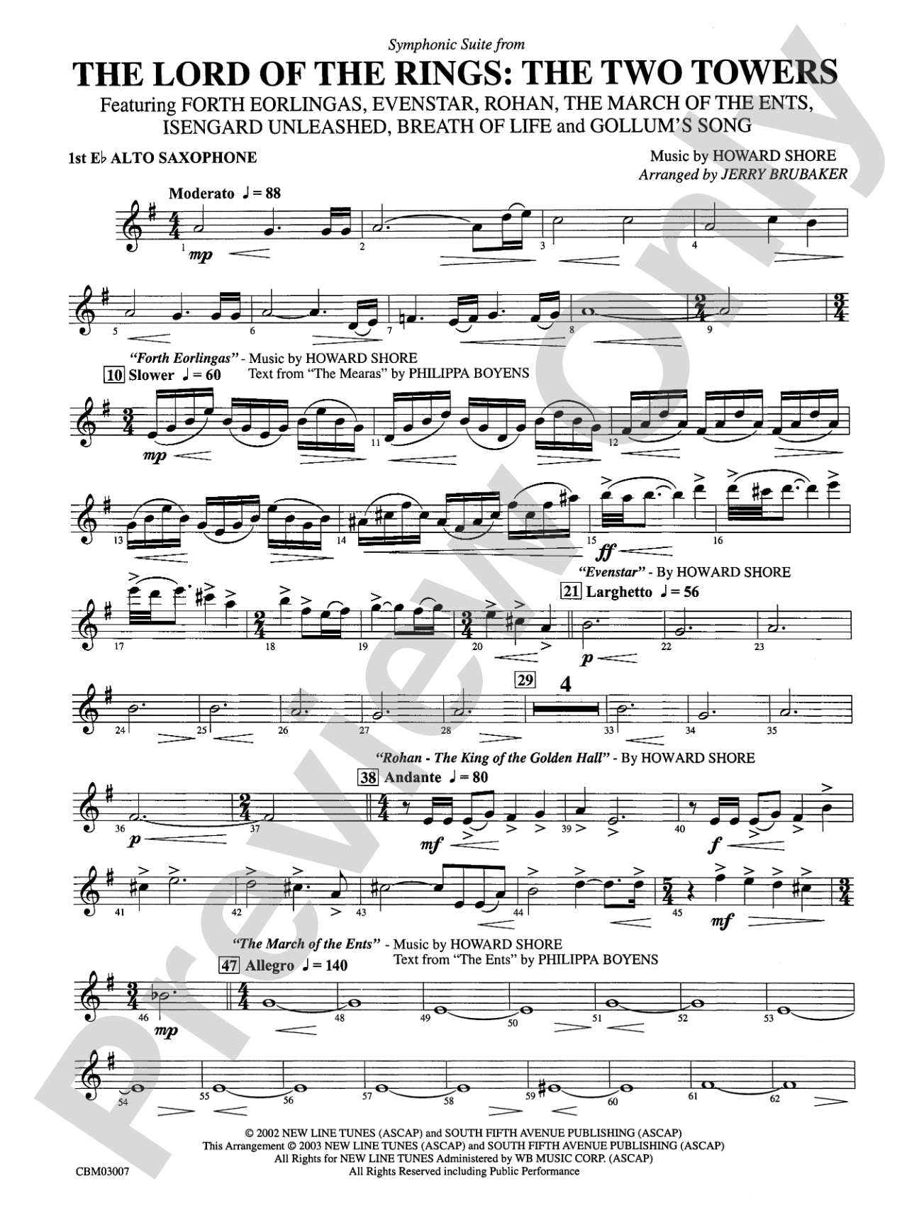 The Lord of the Rings: The Two Towers, Symphonic Suite from: E-flat Alto Saxophone