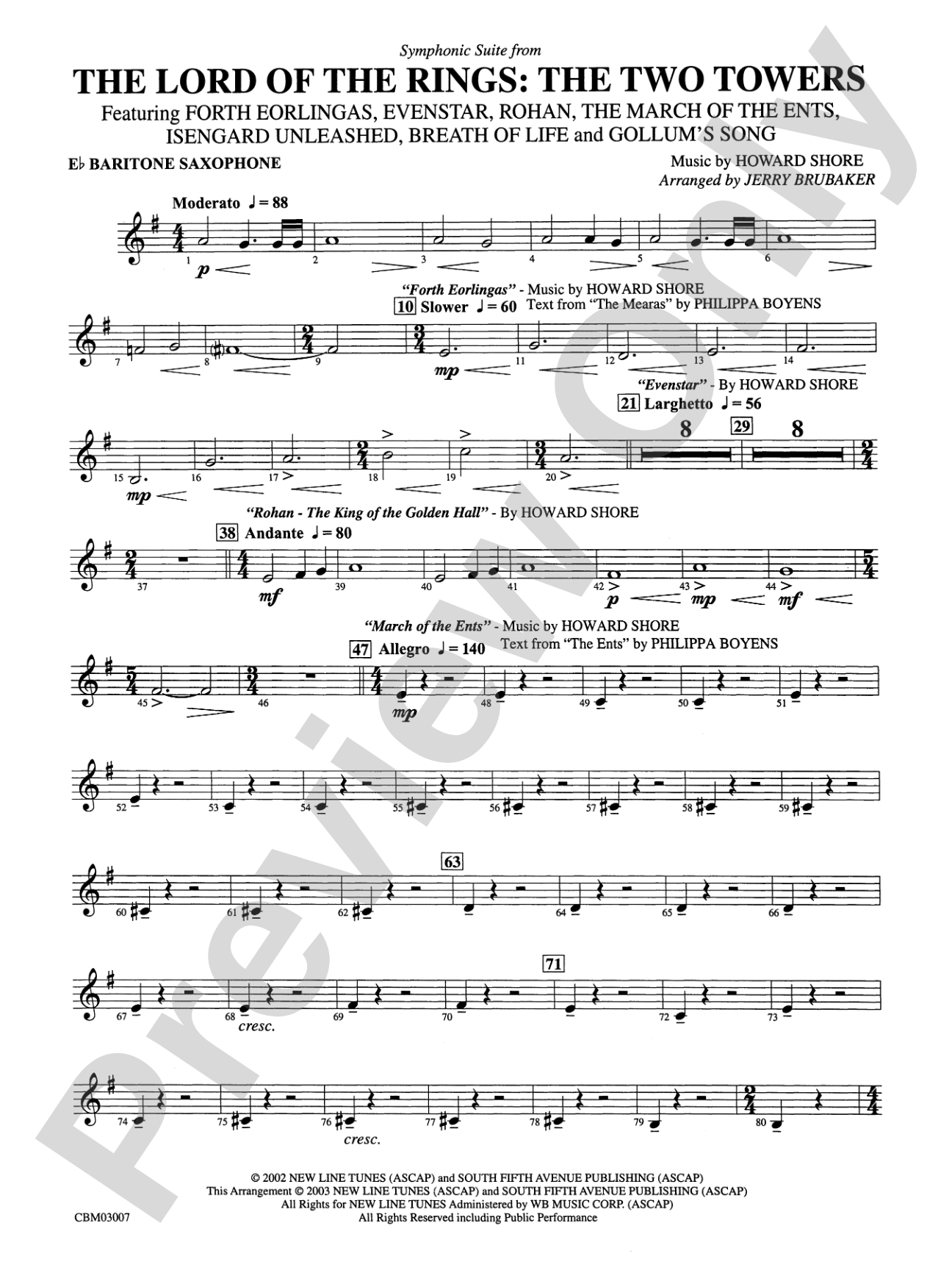 The Lord of the Rings: The Two Towers, Symphonic Suite from: E-flat Baritone Saxophone