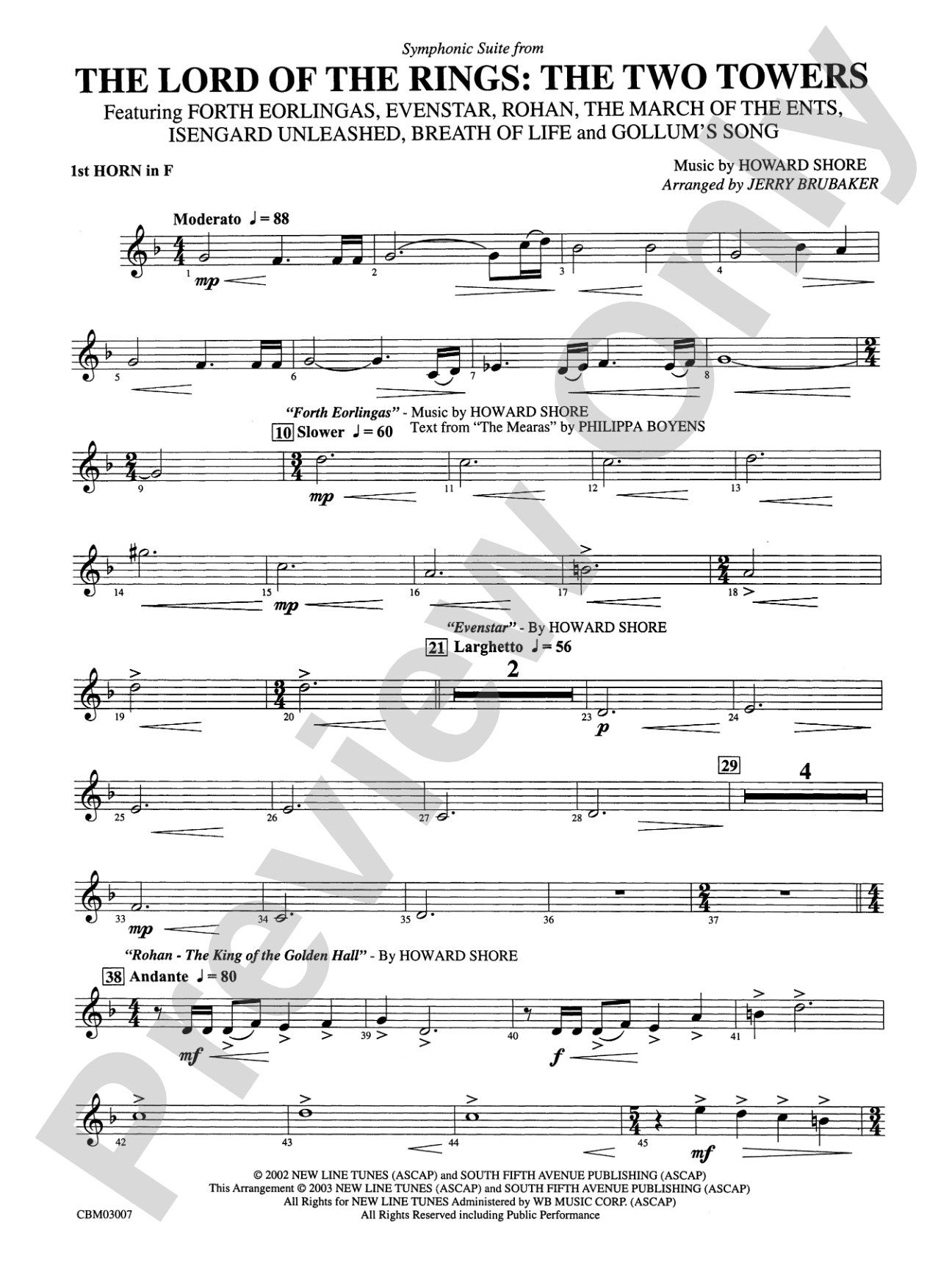 The Lord of the Rings: The Two Towers, Symphonic Suite from: 1st F Horn