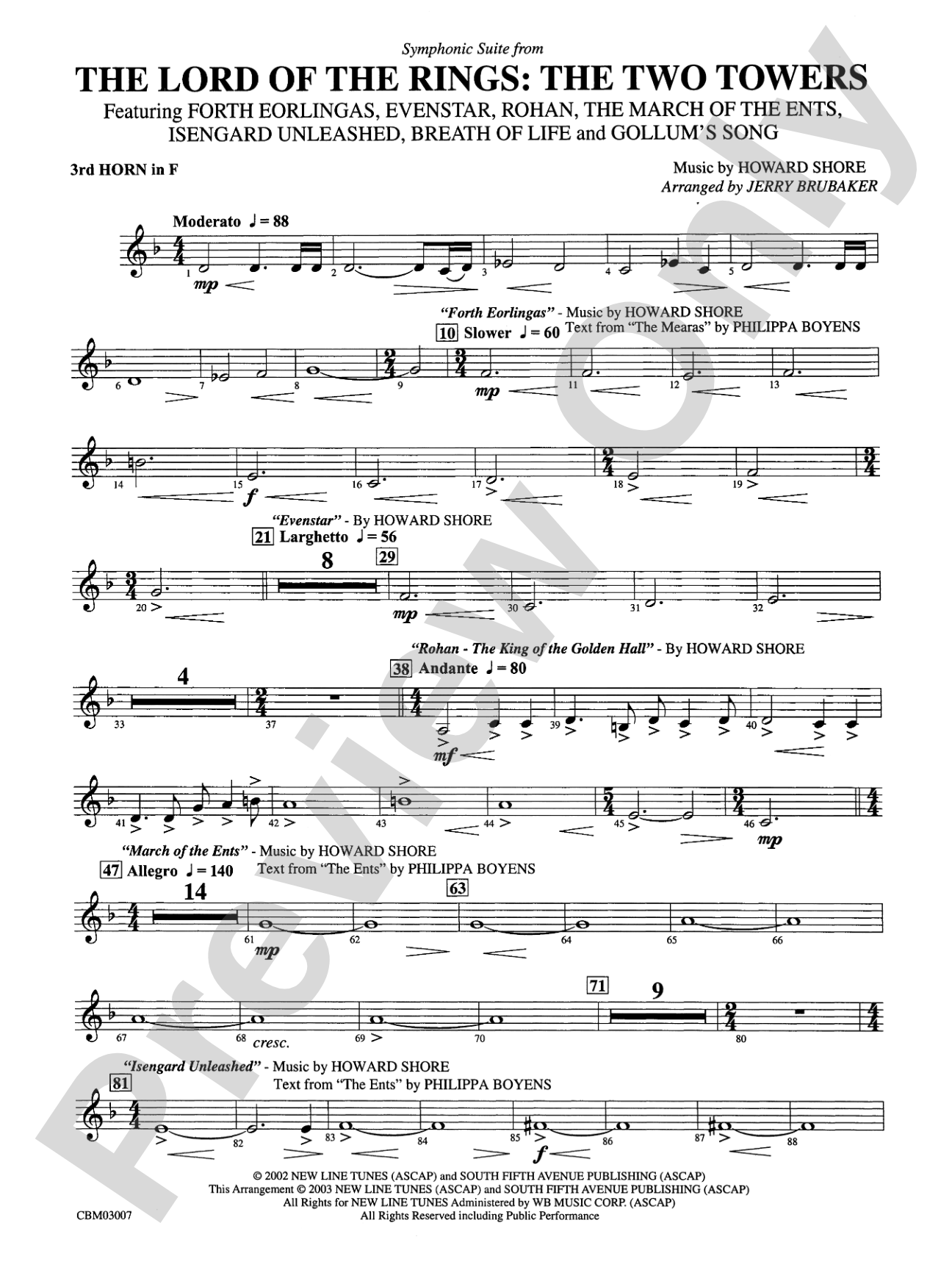 The Lord of the Rings: The Two Towers, Symphonic Suite from: 3rd F Horn