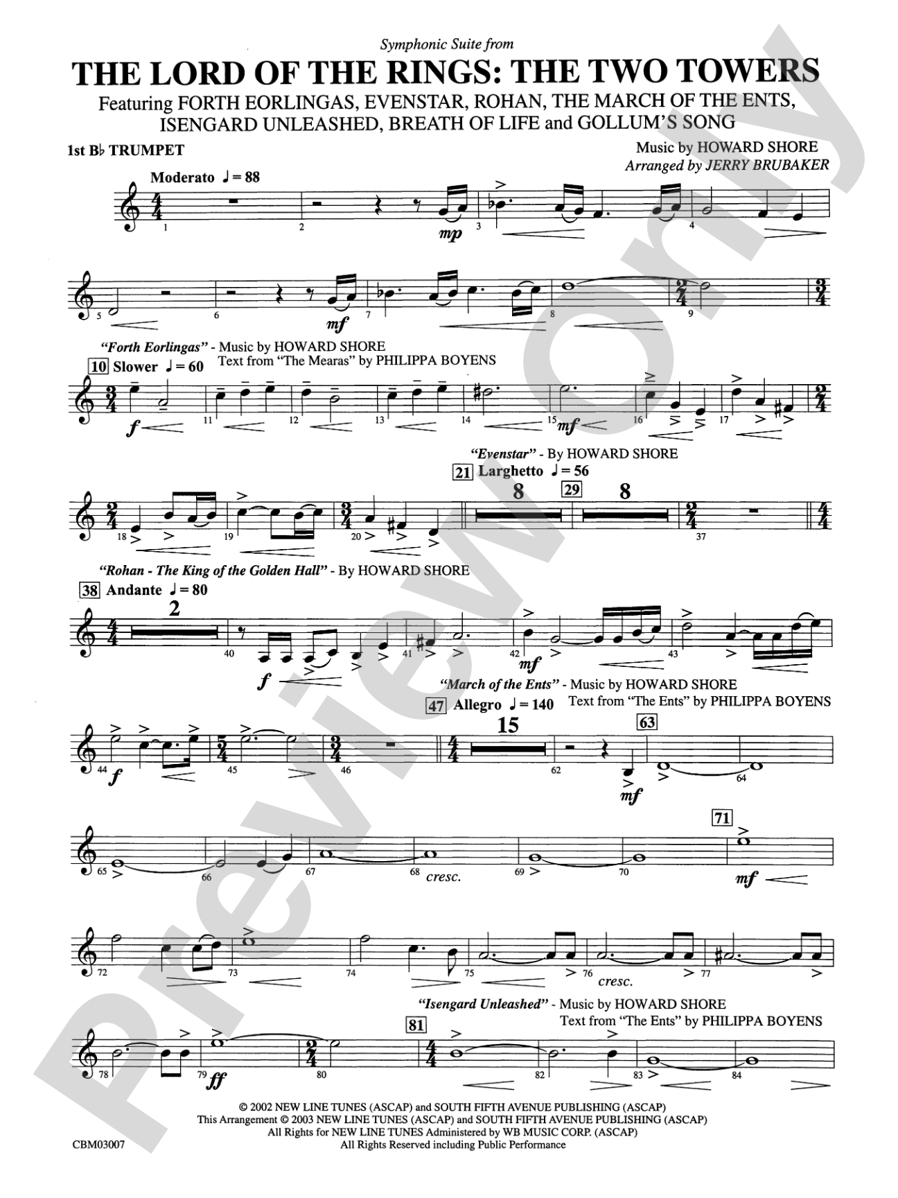 The Lord of the Rings: The Two Towers, Symphonic Suite from: 1st B-flat Trumpet