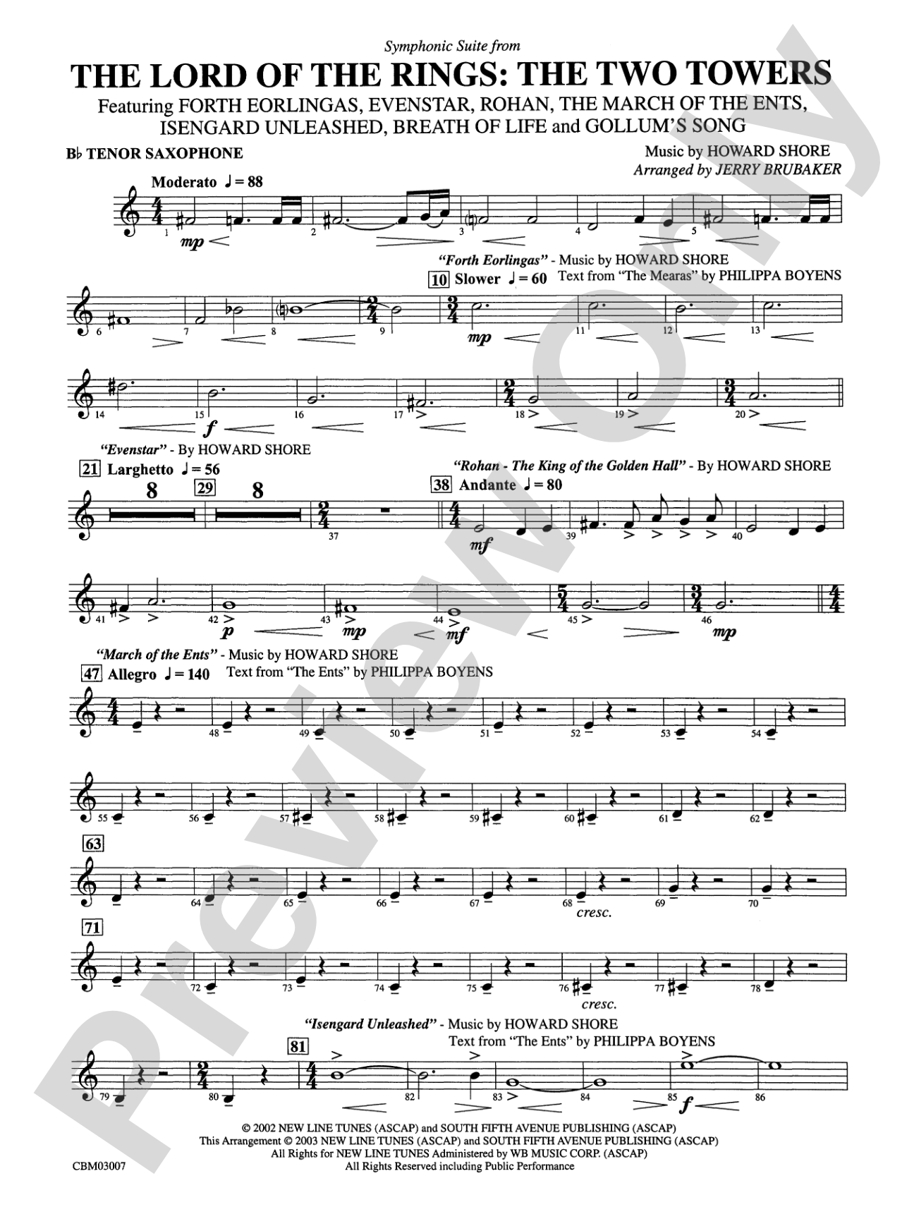 The Lord of the Rings: The Two Towers, Symphonic Suite from: B-flat Tenor Saxophone