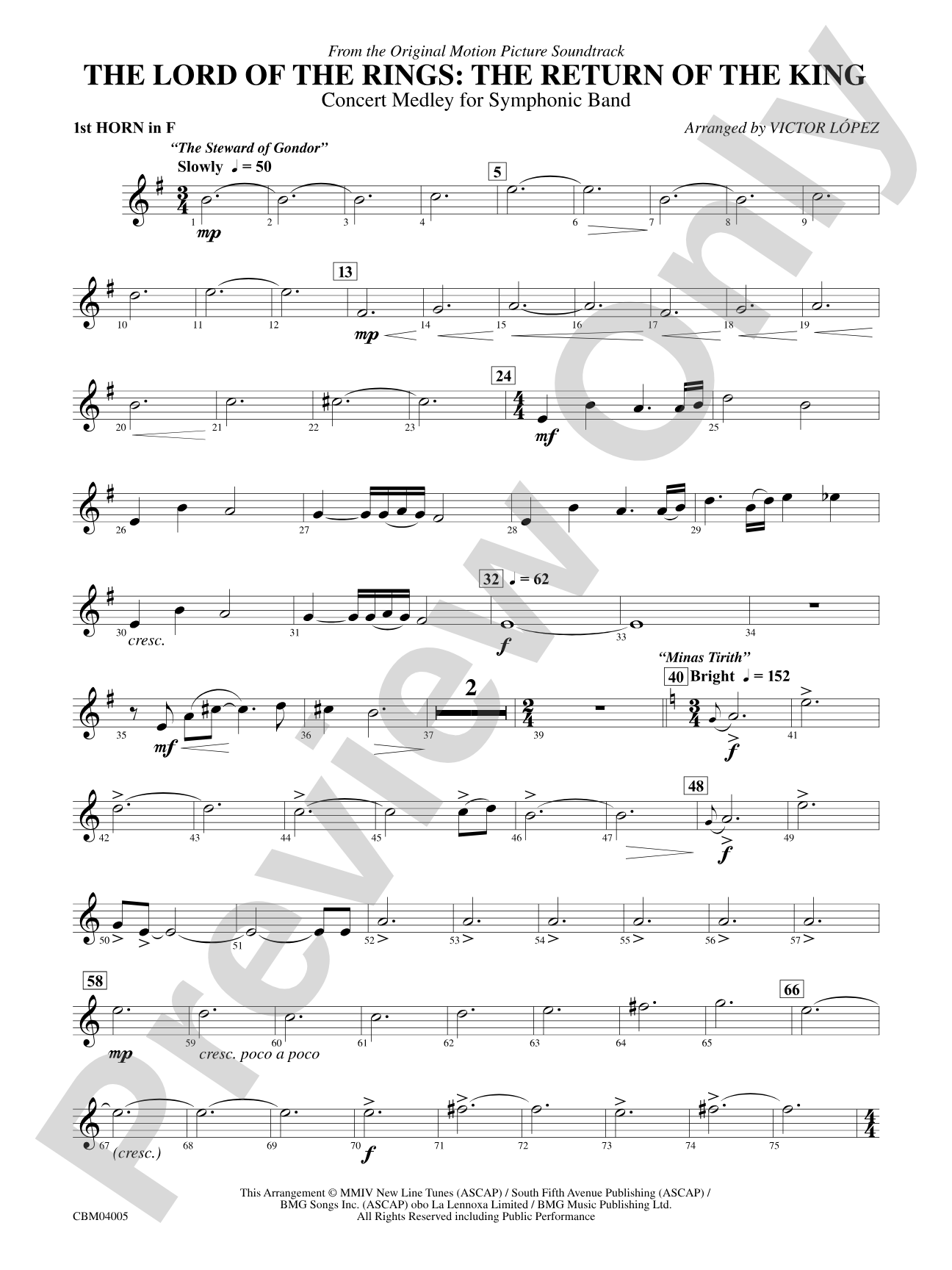 The Lord of the Rings: The Return of the King, Symphonic Suite from: 1st F Horn